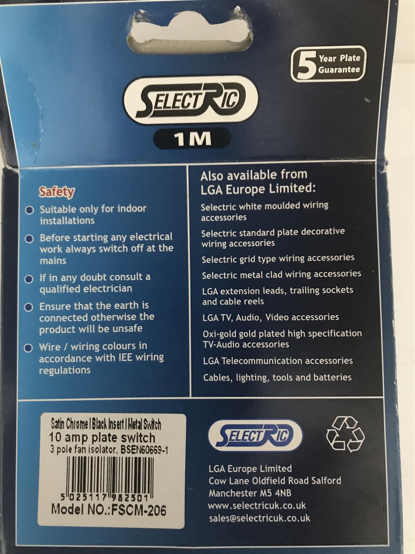 Selectric 1M 10A 3 Pole Fan Isolator Switch Black Insert Satin Chrome FSCM-206