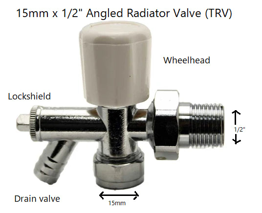 New Chrome 15mm Angled Radiator Valve Drain-Off Outlet 1/2" Lockshield