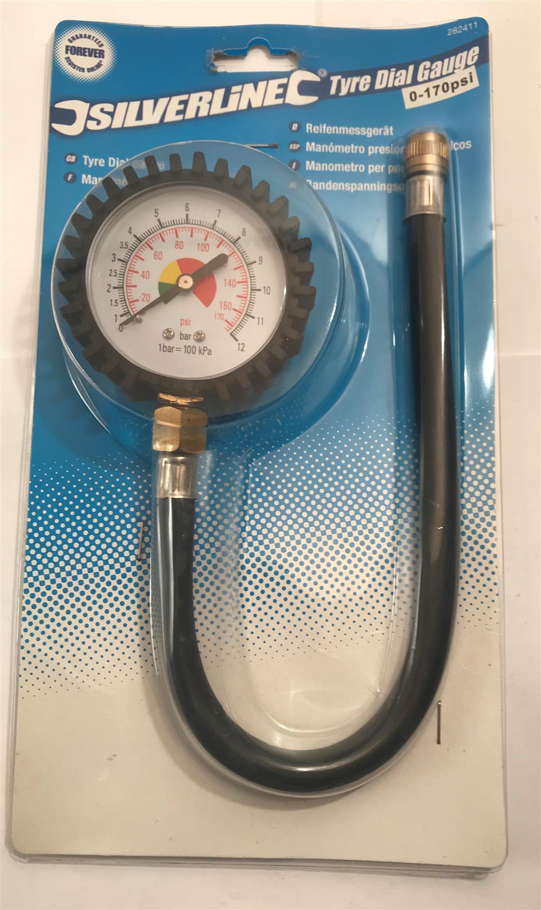 Silverline Tyre Dial Gauge 0-170psi 0-12Bar 280mm Flexible Hose  282411