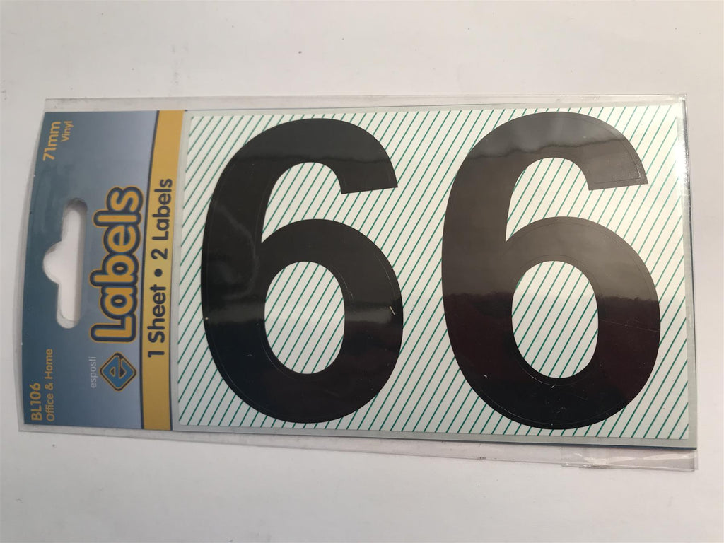 Esposti Large Black Vinyl Sticker No. 6 -  71mm (2 Pack) BL106