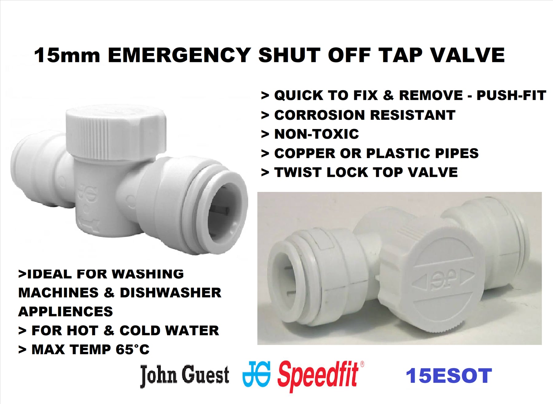 NEW JG SPEEDFIT EMERGENCY 15mm SHUT OFF TAP VALVE 15ESOT (EACH)