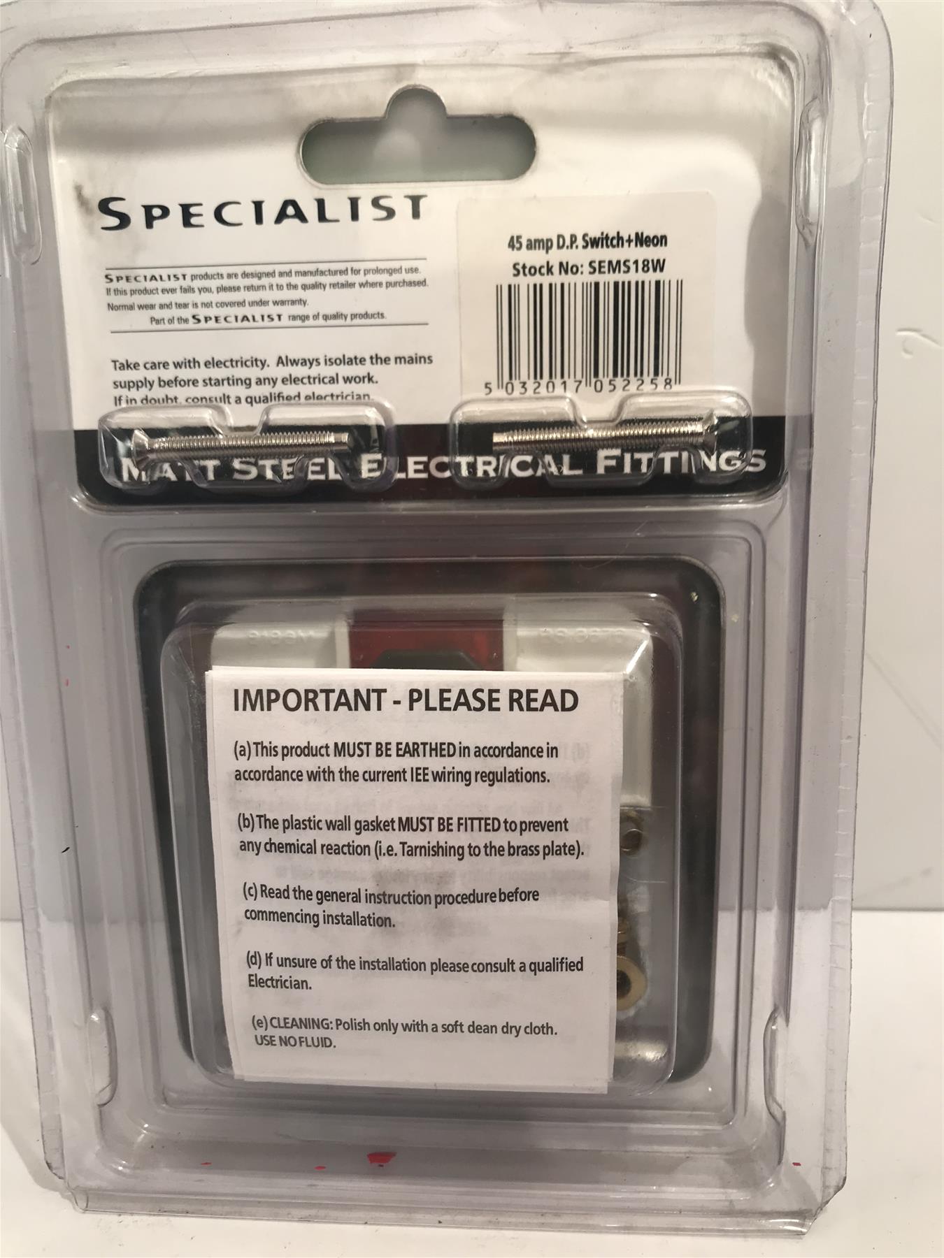 Specialist Matt Steel 45amp DP Switch & Neon White Insert SEMS18W