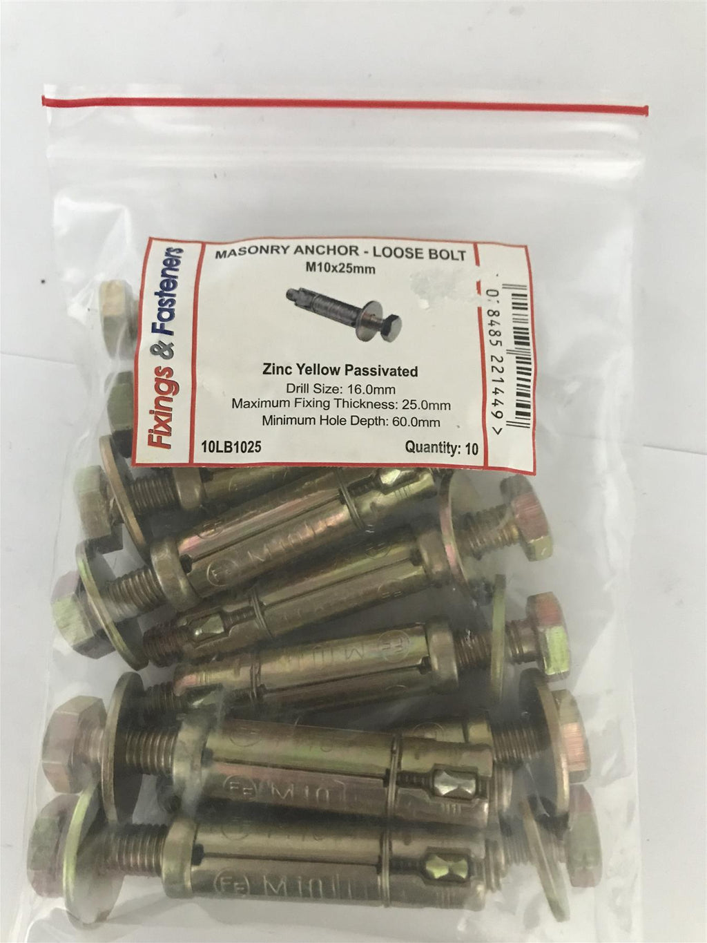 Masonry Anchor - Loose Bolt M10 x 25mm (10 Pack)  10LB1025