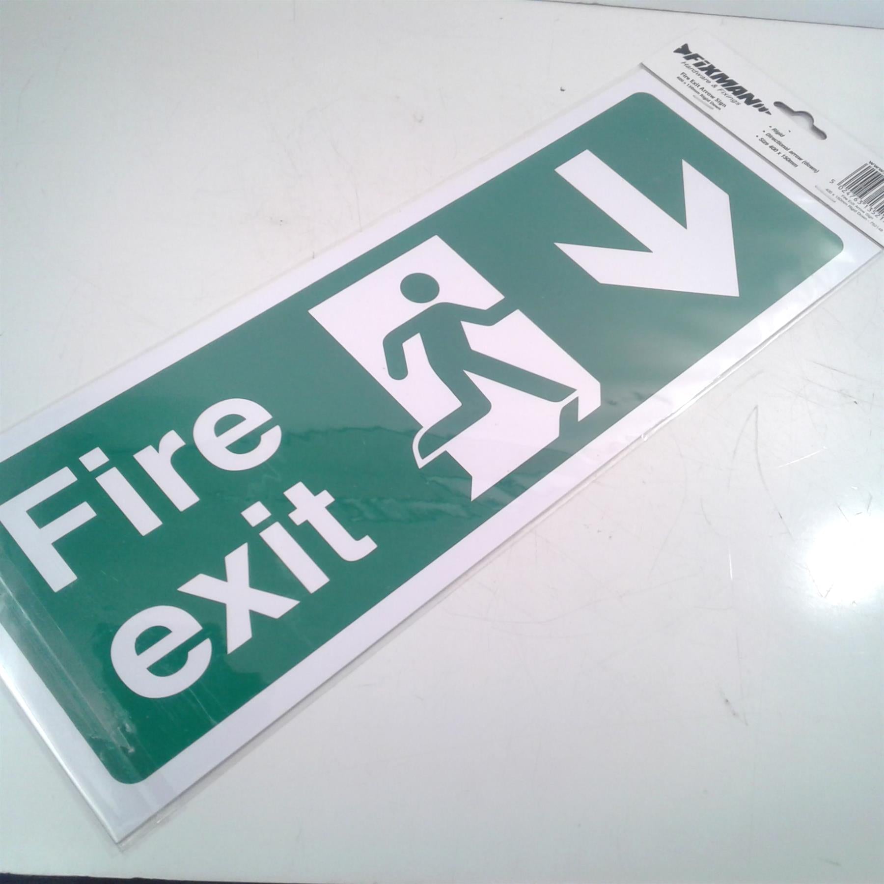 Fixman Fire Exit Down Arrow Rigid Sign 400 x 150mm