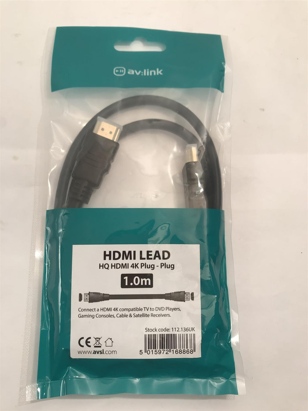 AV:Link HDMI Lead 4k Plug to Plug 1m  112.136UK