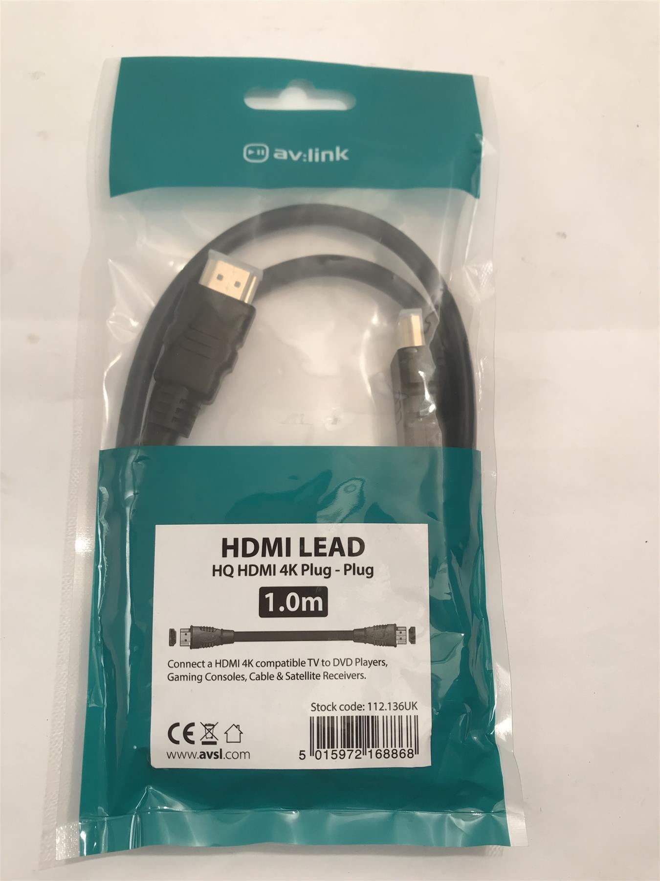 AV:Link HDMI Lead 4k Plug to Plug 1m  112.136UK