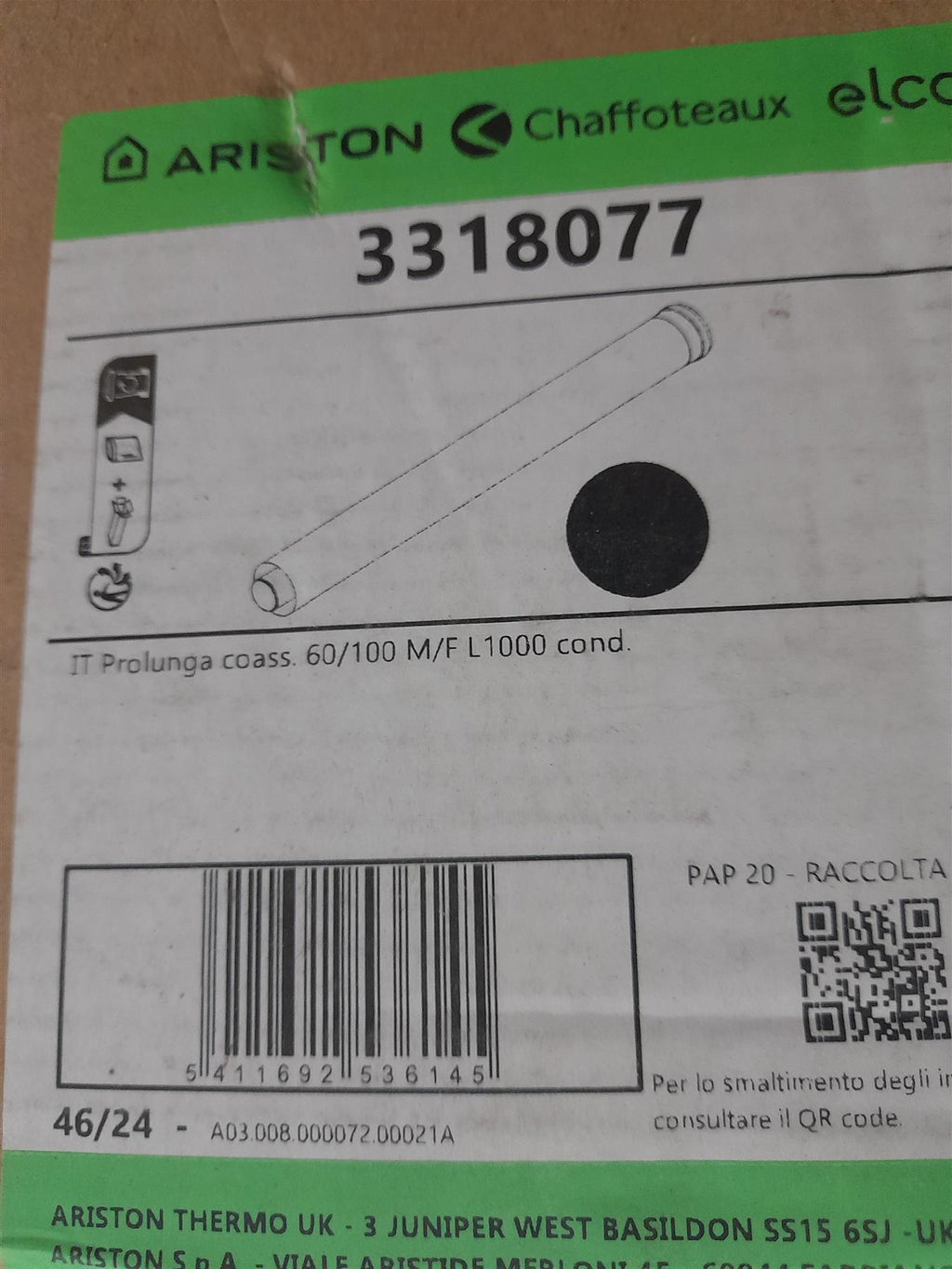 Ariston 3318077 1000m Flue Extension 1m 60 100 New