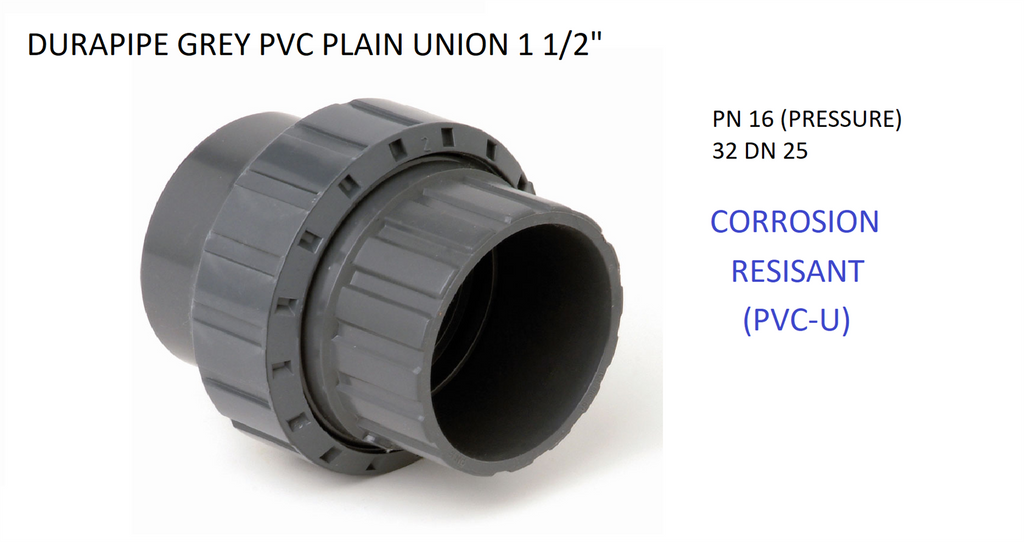 NEW DURAPIPE PVC GREY PLAIN UNION COUPLER 1 1/2" 32 DN 25 PN 16