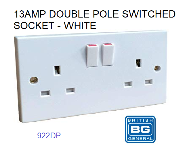 NEW BG ELECTRIC 13A 2 GANG DOUBLE SWITCHED SOCKET 922DP WHITE