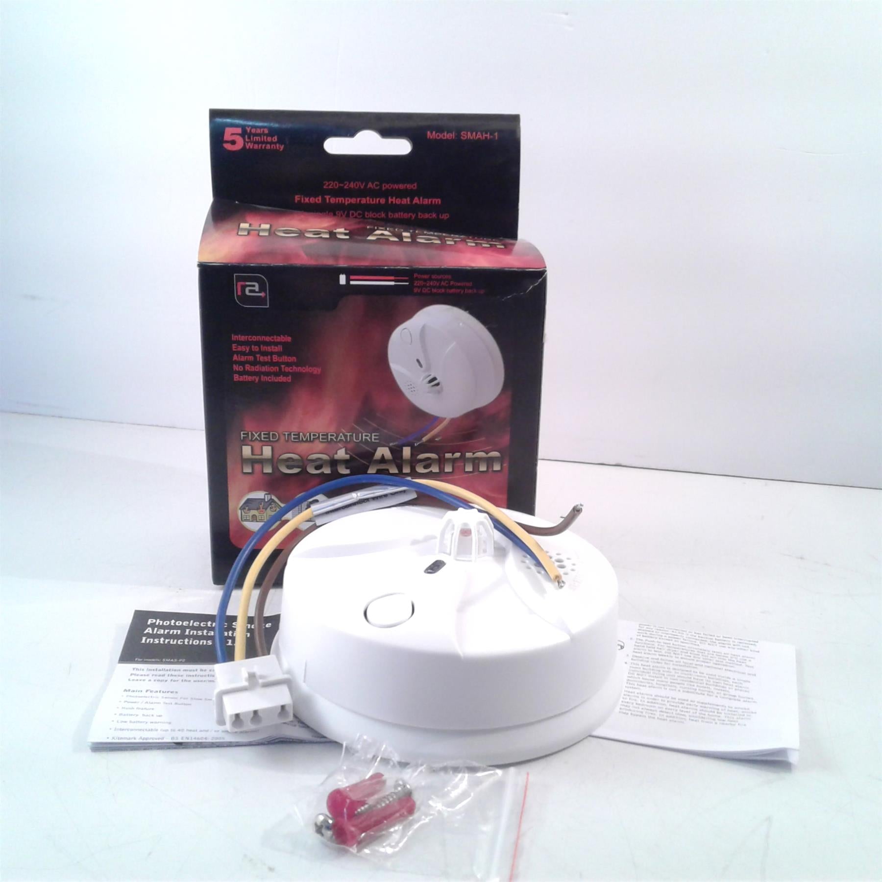 Heat Alarm Detector 220-240v Mains Hard Wired w/ 9v Battery Backup
