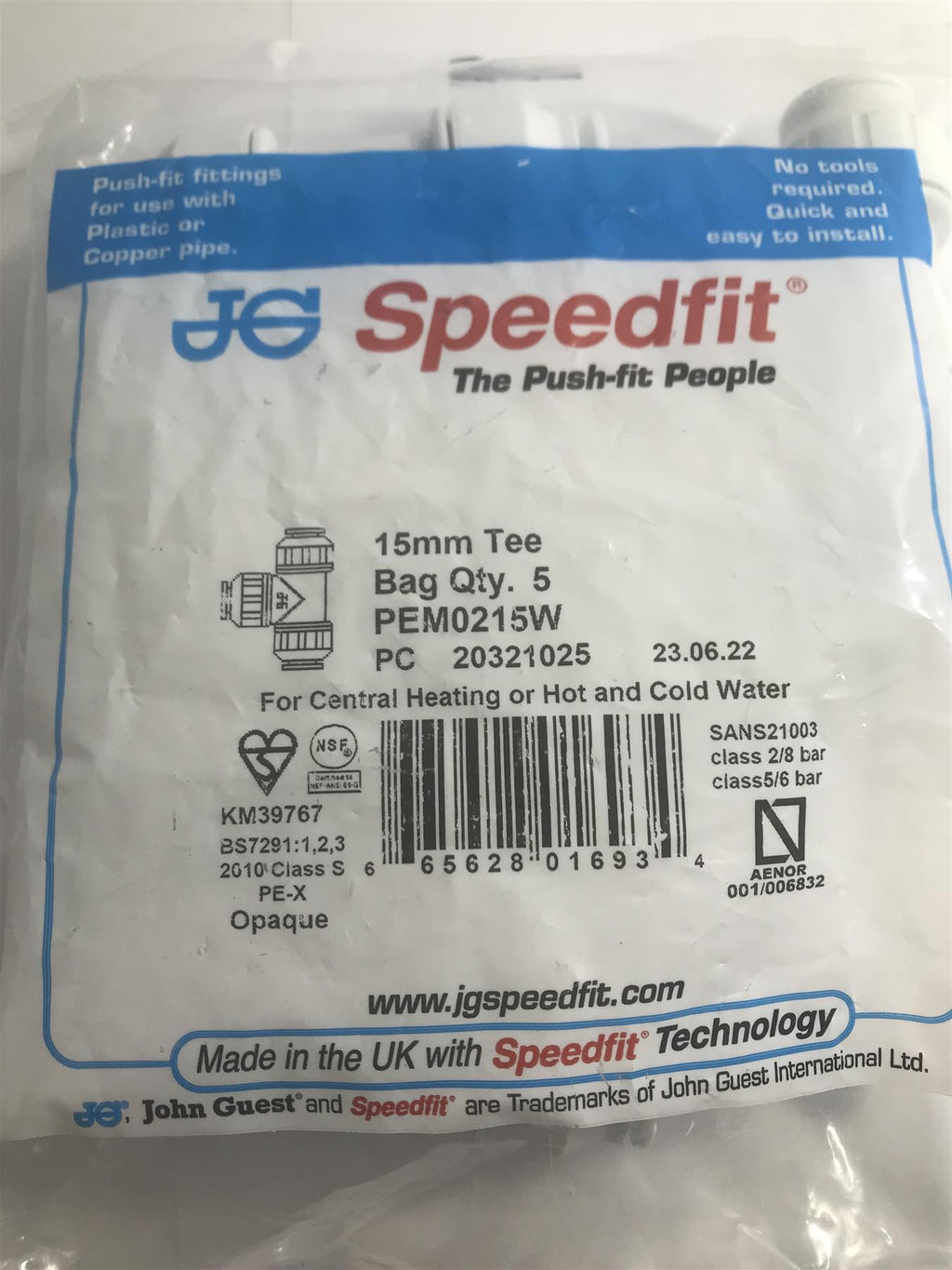John Guest Speedfit 15mm Equal Tee Pack Of 5