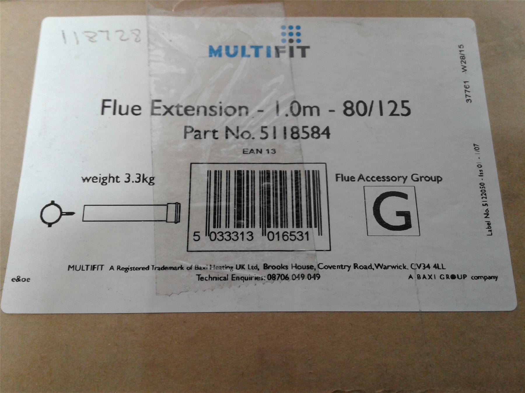 NEW BAXI MULTIFIT FLUE EXTENSION 1000MM  80/125 5118584