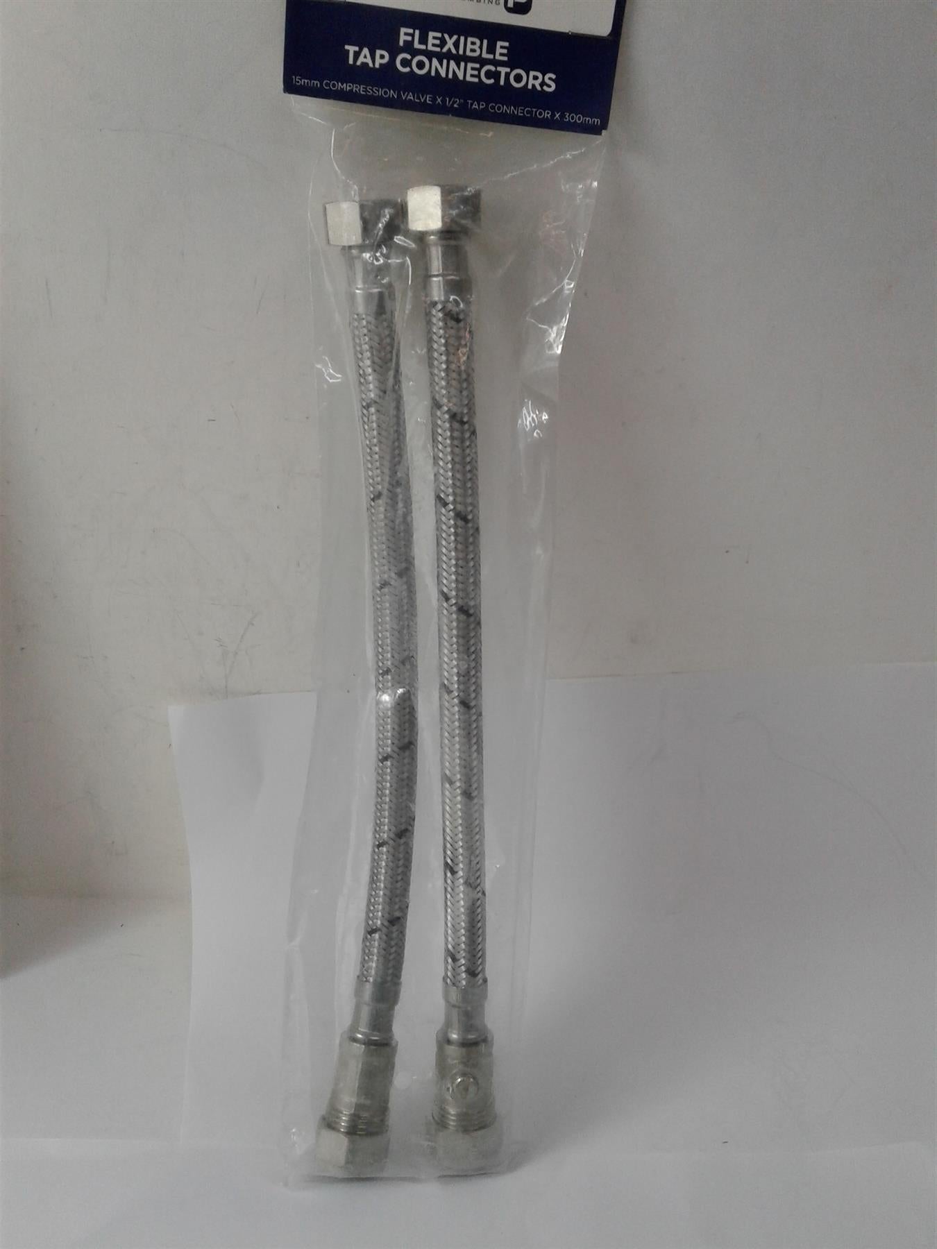 NEW PLUMBRIGHT 300mm FLEXIBLE HOSE TAP CONNECTORS 15mm VALVES (2 PACK) 699046
