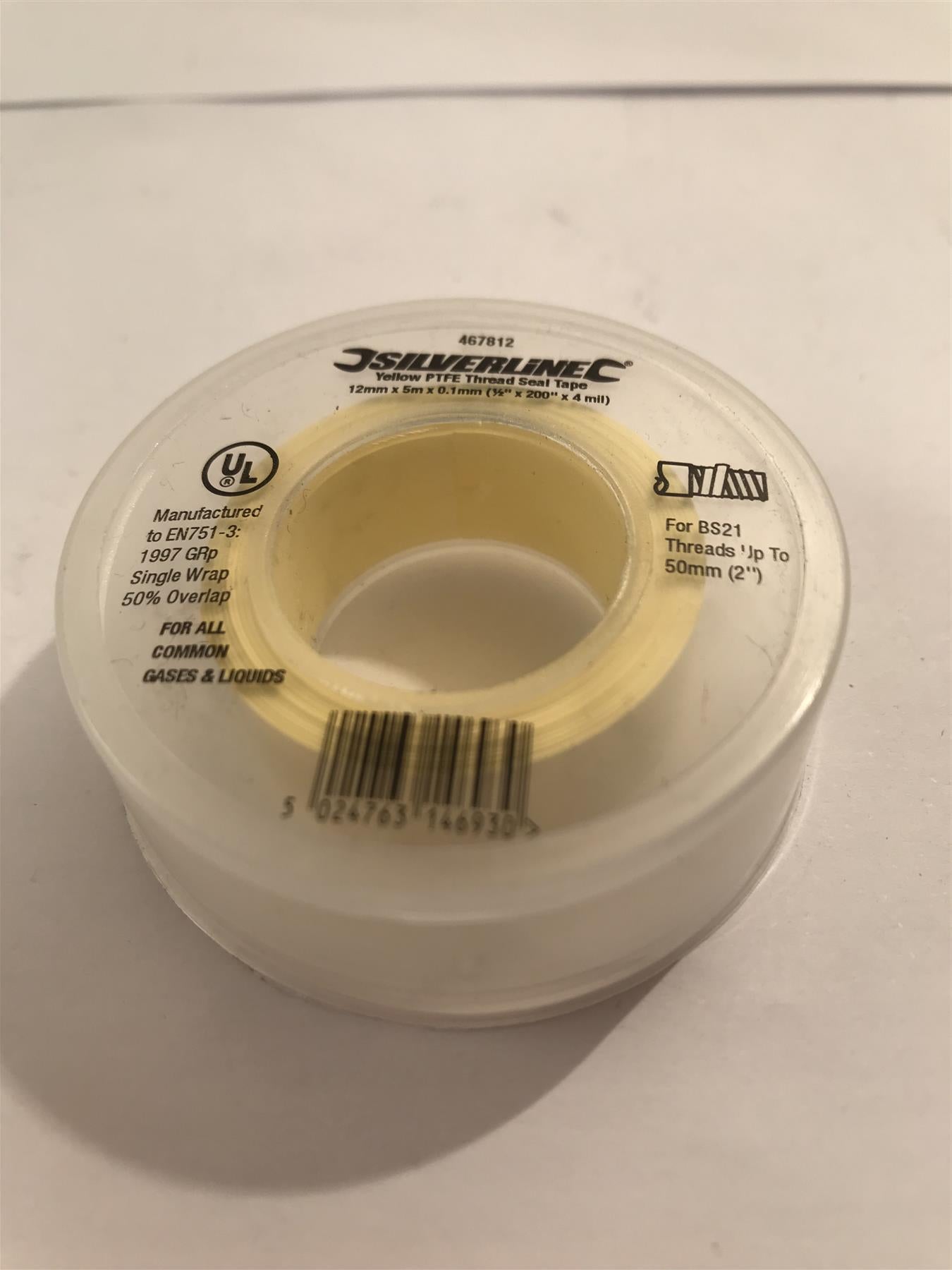 Silverline Yellow PTFE Thread Seal Tape 12mm x 5m  467812