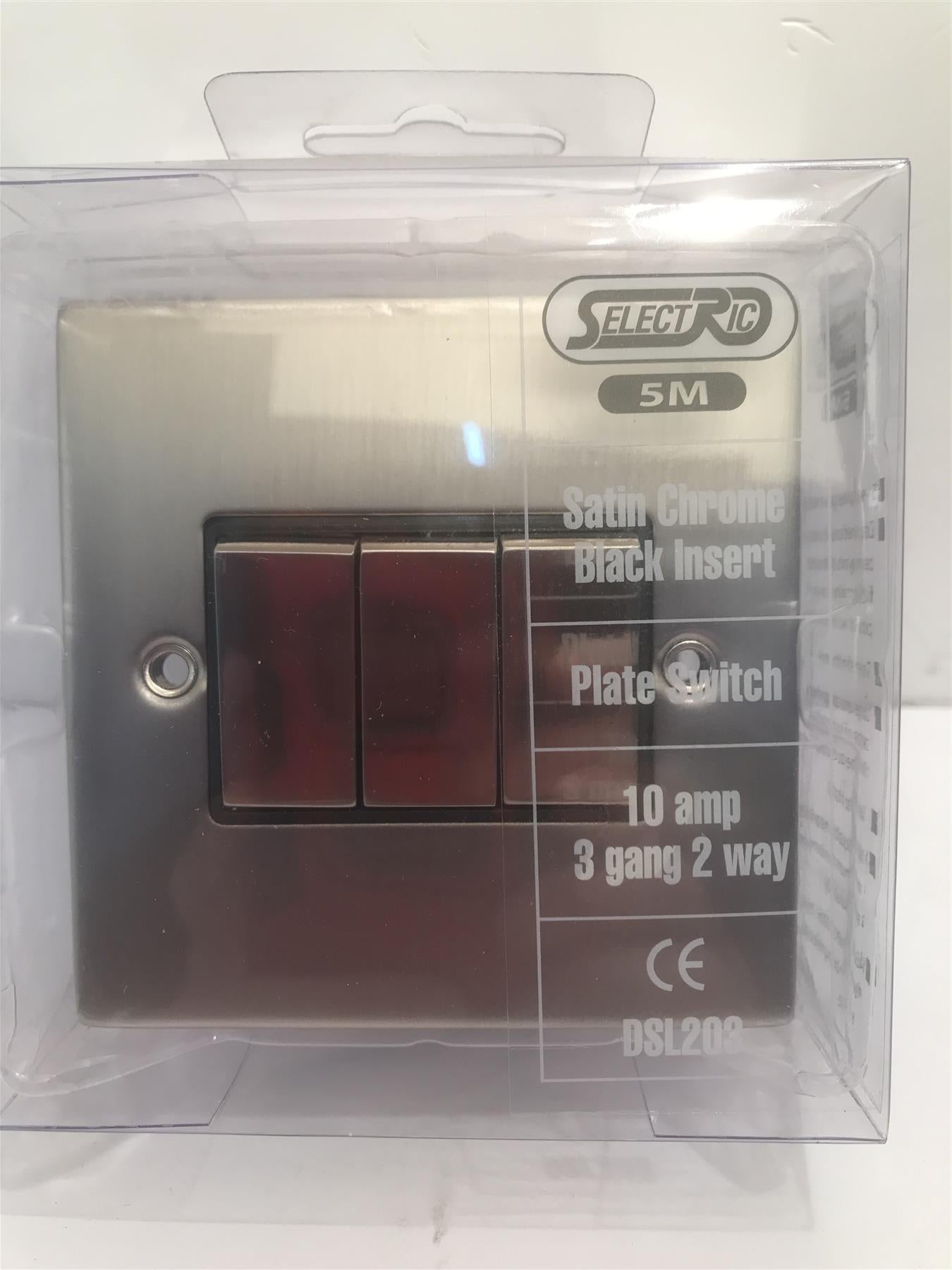 10amp 3 Gang 2 Way Satin Chrome Black Insert Plate Switch DSL203