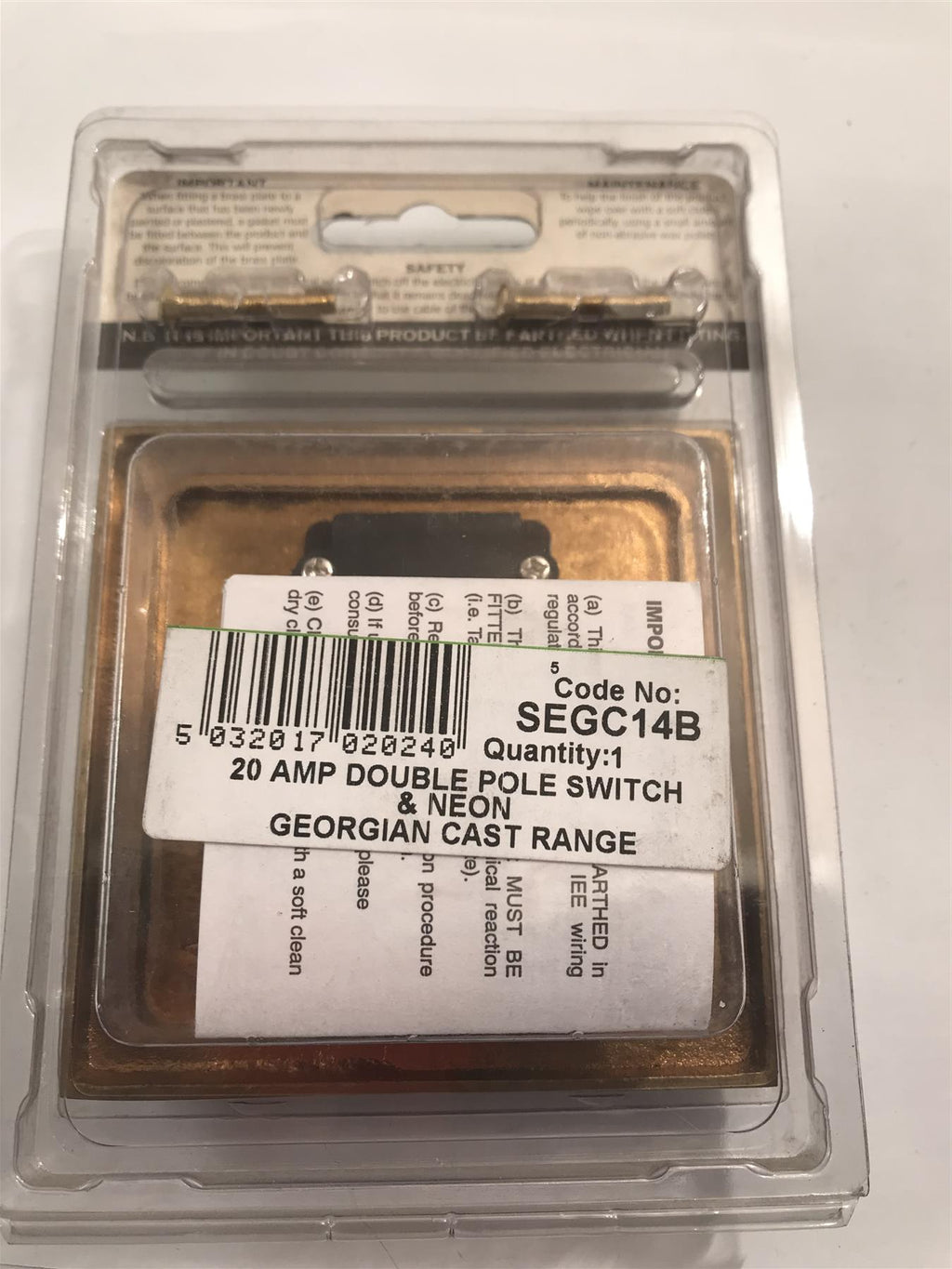 Specialist 20A Double Pole Switch & Neon Georgian Cast Black Insert  SEGC14B