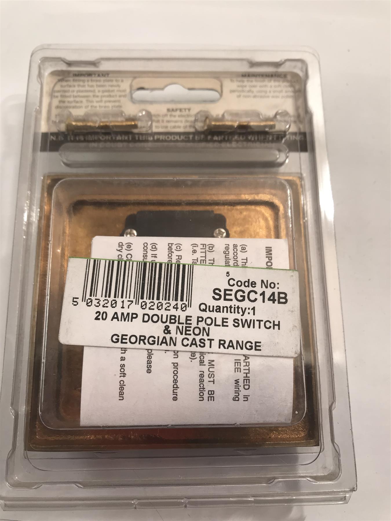 Specialist 20A Double Pole Switch & Neon Georgian Cast Black Insert  SEGC14B