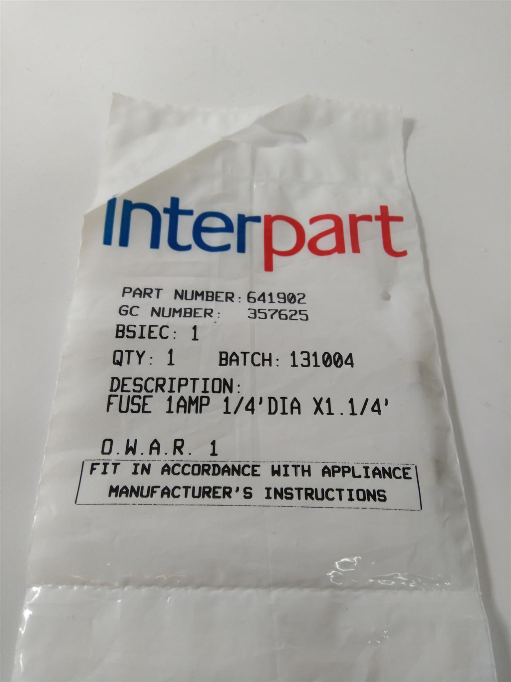 NEW POTTERTON 641902 FUSE 1AMP 1/4'DIA X1.1/4'
