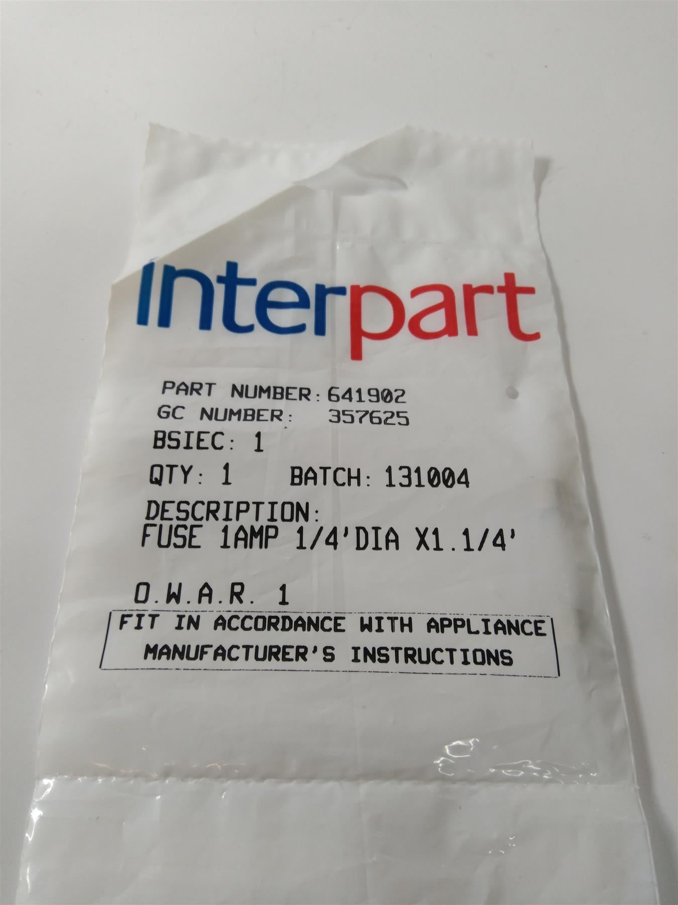 NEW POTTERTON 641902 FUSE 1AMP 1/4'DIA X1.1/4'