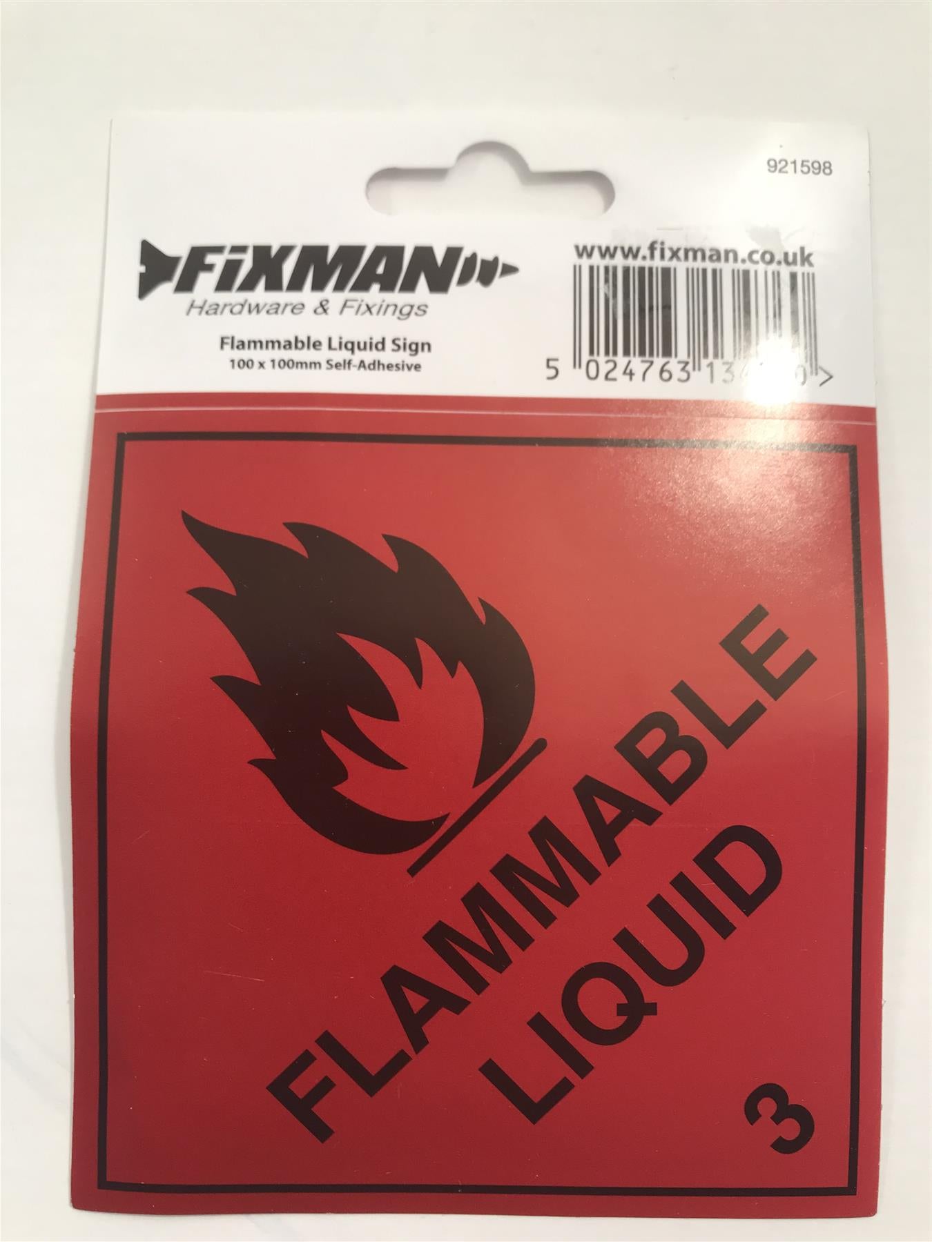 Fixman 921598 Self-Adhesive Flammable Liquid 3  Sign 100 x 100mm