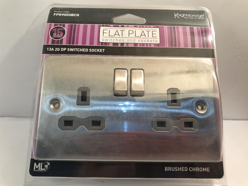 Knightsbridge Chrome 13a 2 Gang Switched Socket Grey Insert  FPR9000BCG