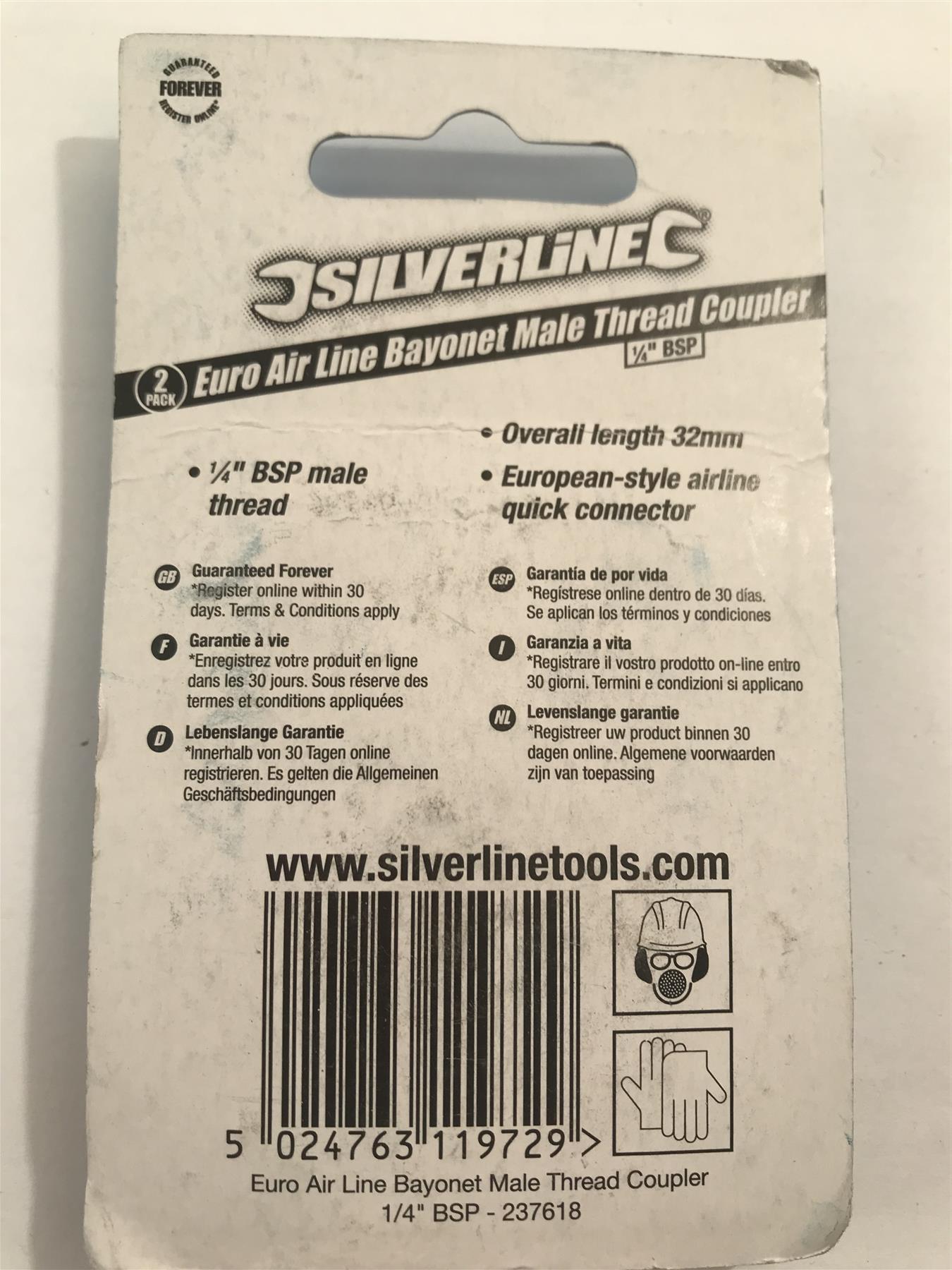 Silverline Euro Air Line Bayonet Male Thread Coupler 2 Pk 1/4'' BSP 237618