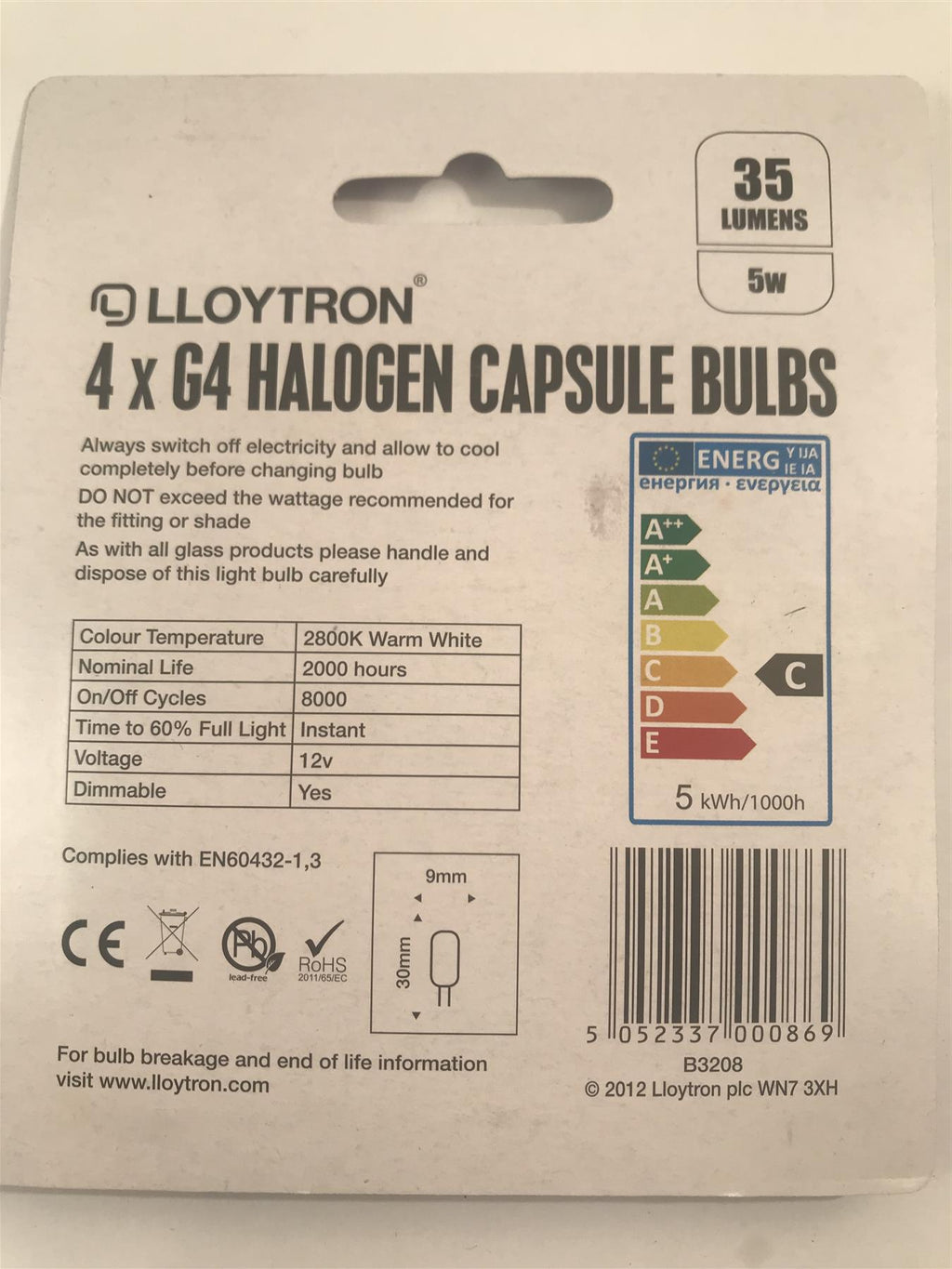 Lloytron G4 5W 35lm 2800k Capsule Bulb 2 Pin Warm White  4Pk B3208