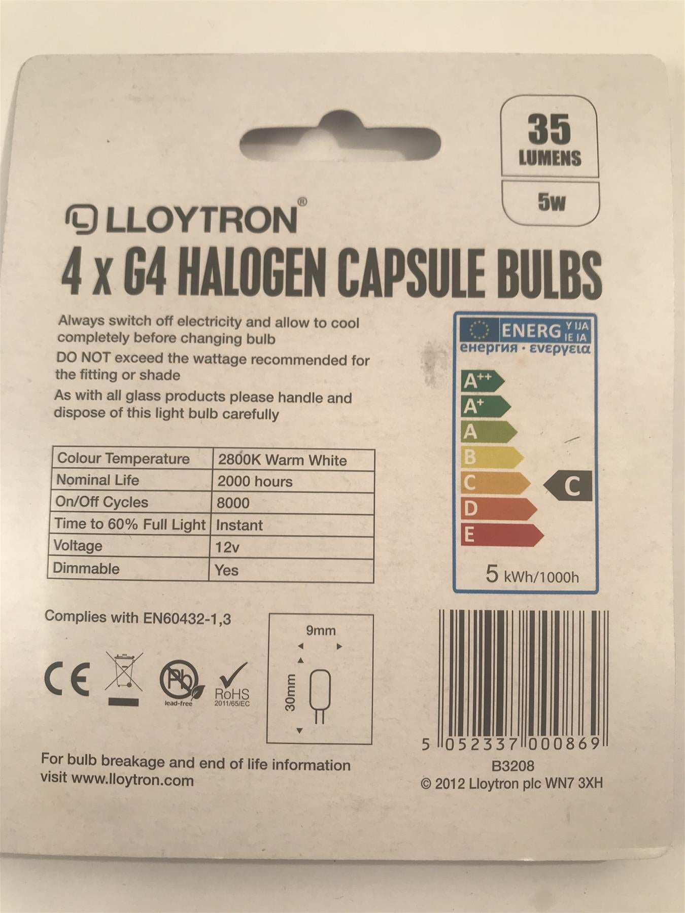 Lloytron G4 5W 35lm 2800k Capsule Bulb 2 Pin Warm White  4Pk B3208