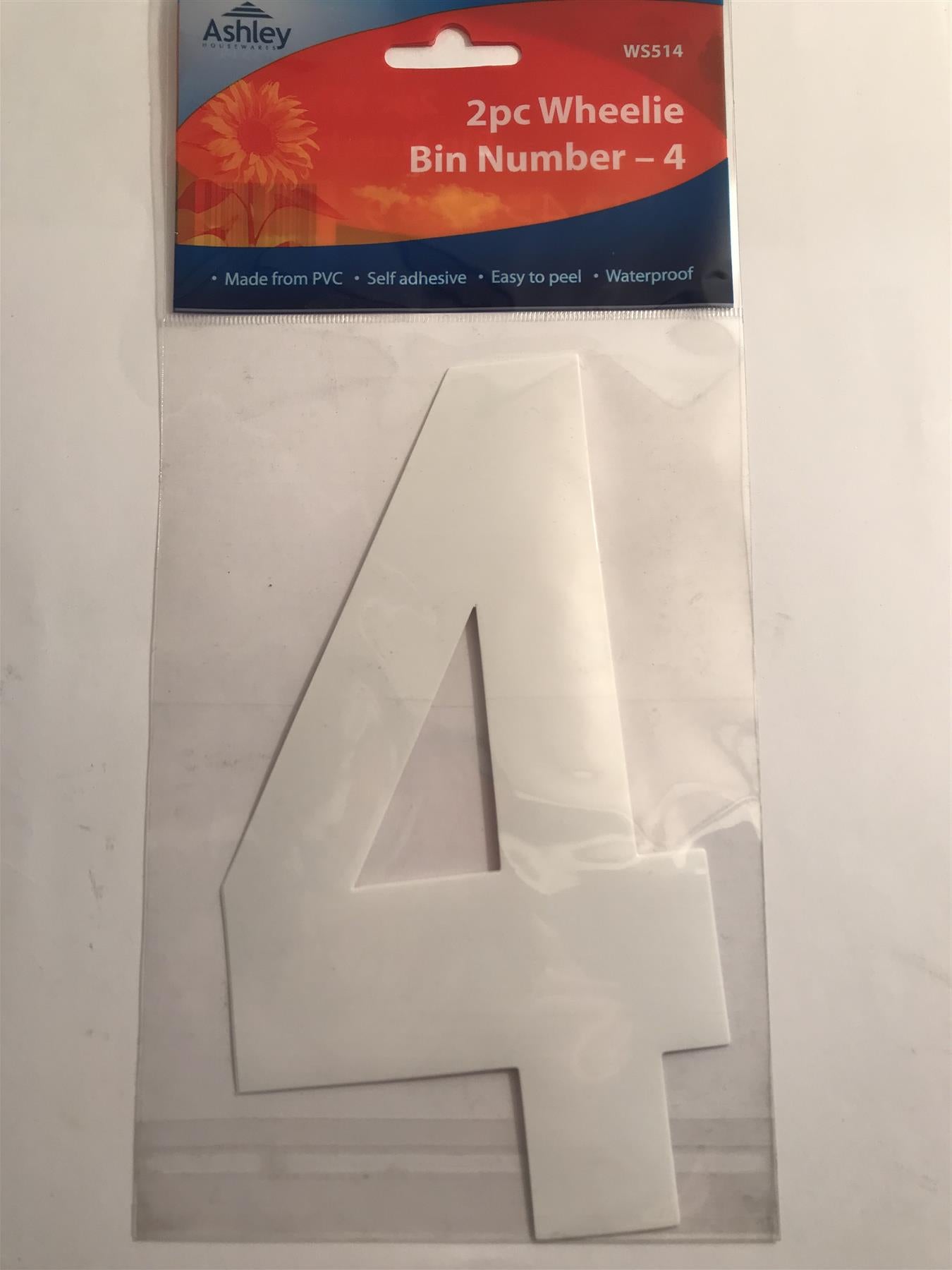Ashley 2 Pack White Self Adhesive Wheelie Bin Sticker Number 4  WS514