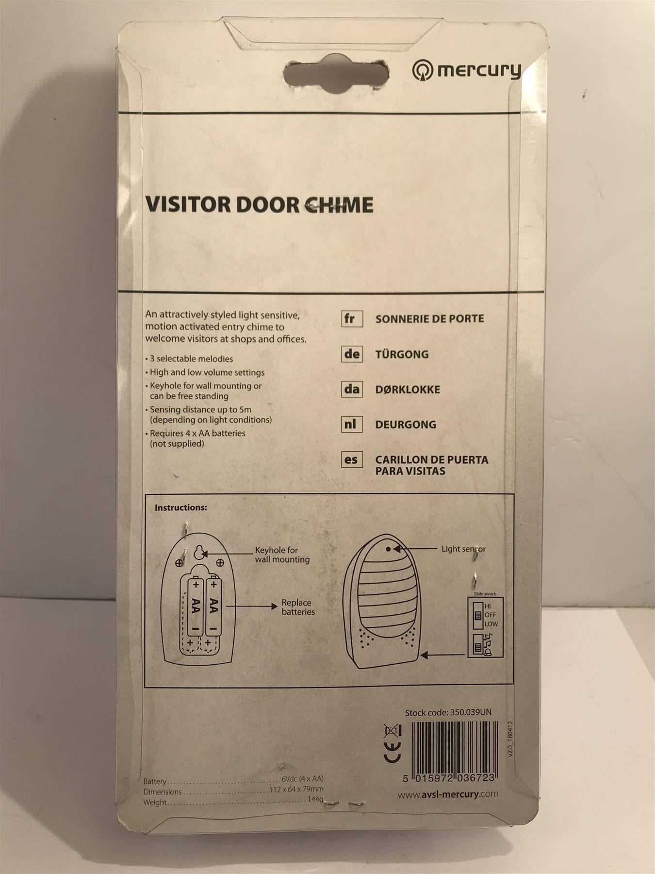Mercury Visitor Door Chime Light Sensitive Motion Activated Shop/Office Alert