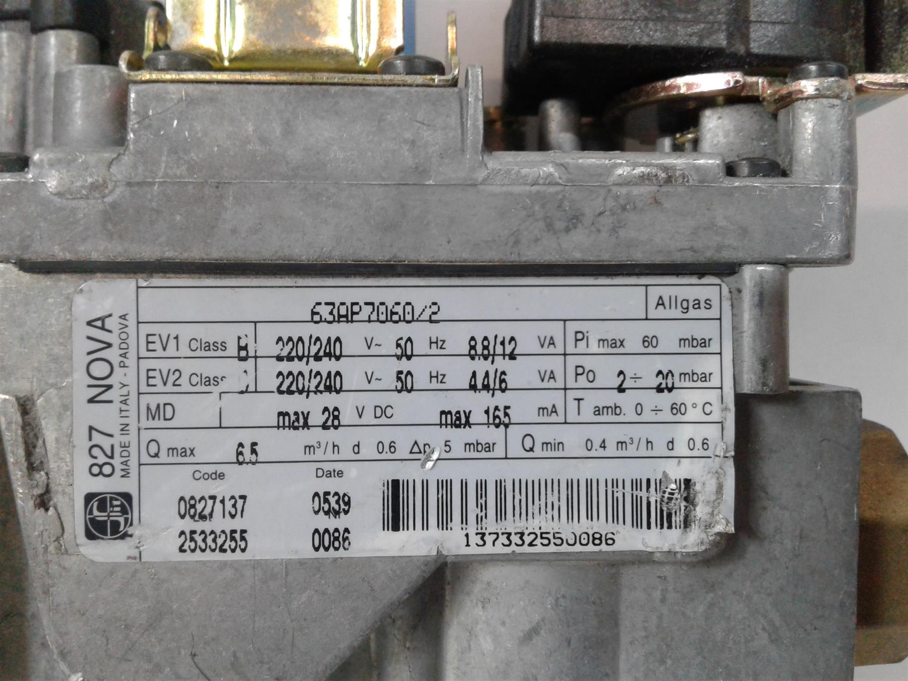 Baxi Potterton Gas Valve 827 Nova 63AP7060/2 0827137