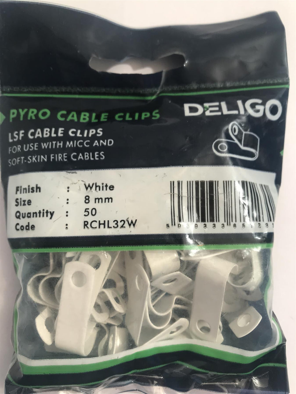 Deligo LSF Coated White Pyro Cable Clips 8mm RCHL32W (50 Pack)