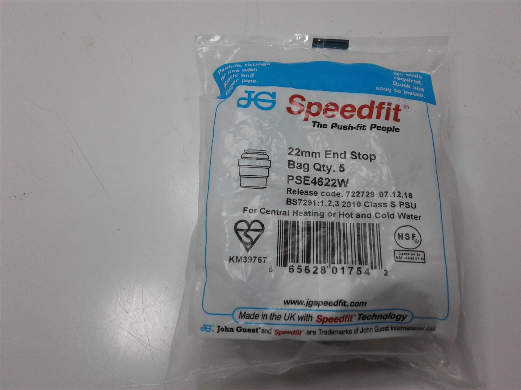 NEW JG SPEEDFIT 22MM END STOP PIPE CAP PUSH FIT PSE4622W 5 Pack