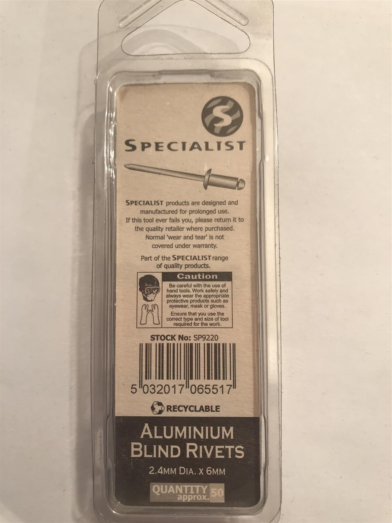 Specialist Aluminium Blind Rivets 2.4 x 6.0mm (Pk 50) SP9220