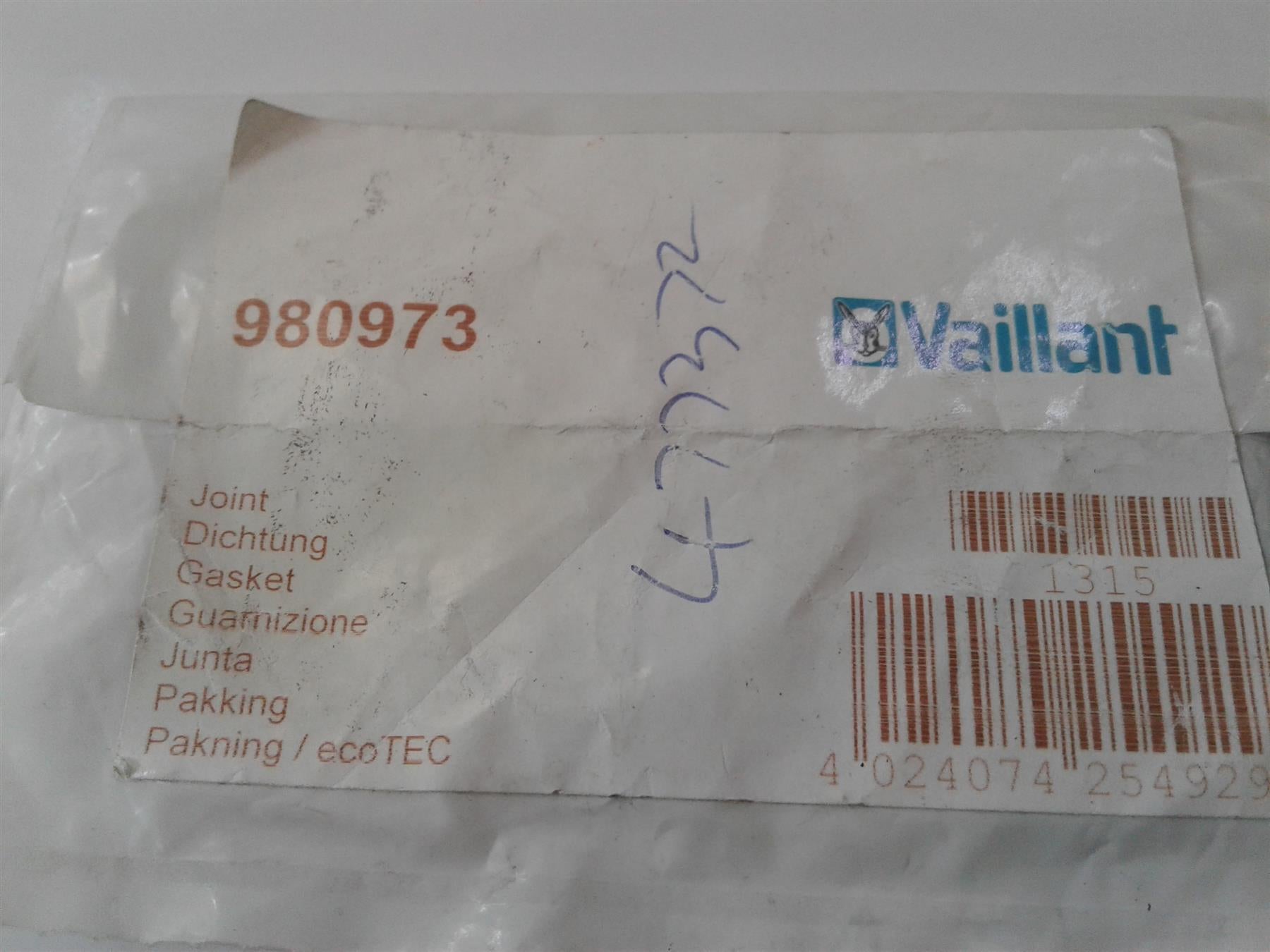 NEW VAILLANT ECOMAX FAN GASKET 980973