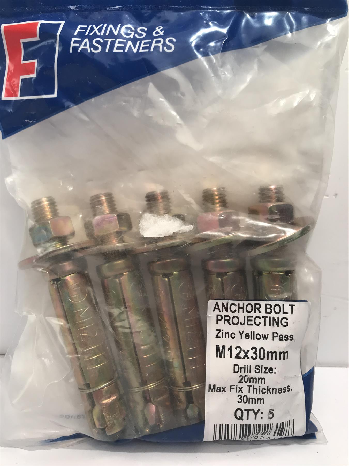 Masonry Anchor Bolt Projecting Zinc Yellow Pass M12 x 30mm  5PB1230 Bag of 5