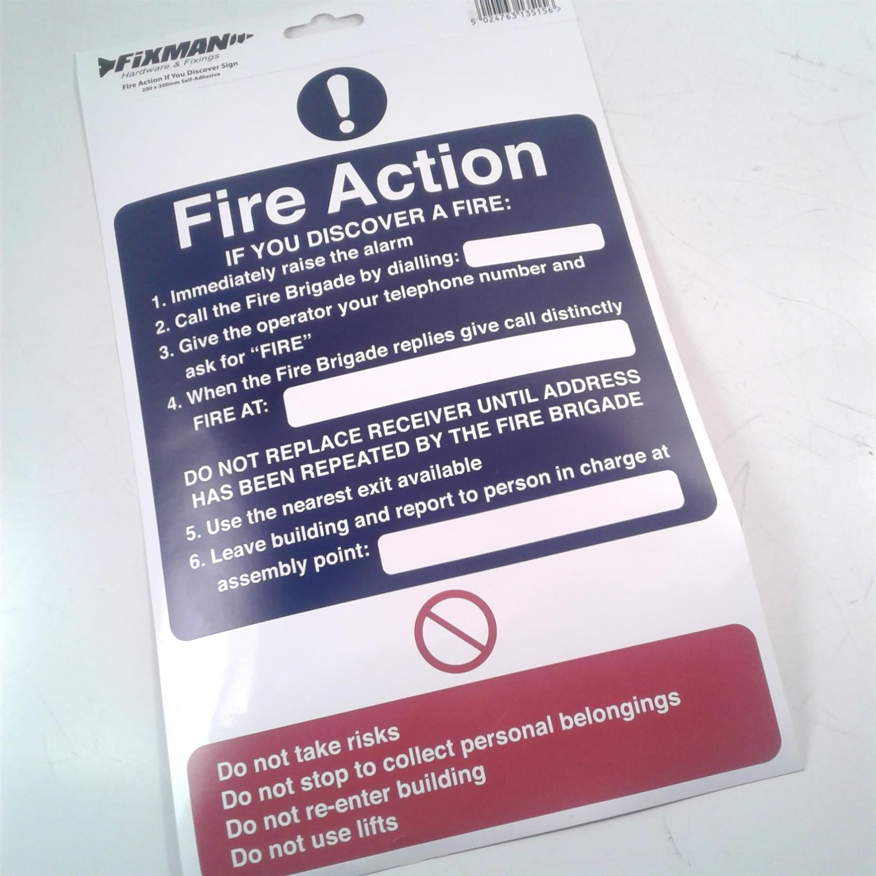 FIXMAN Fire Action If You Discover Sign - 200 x 300mm Self-Adhesive