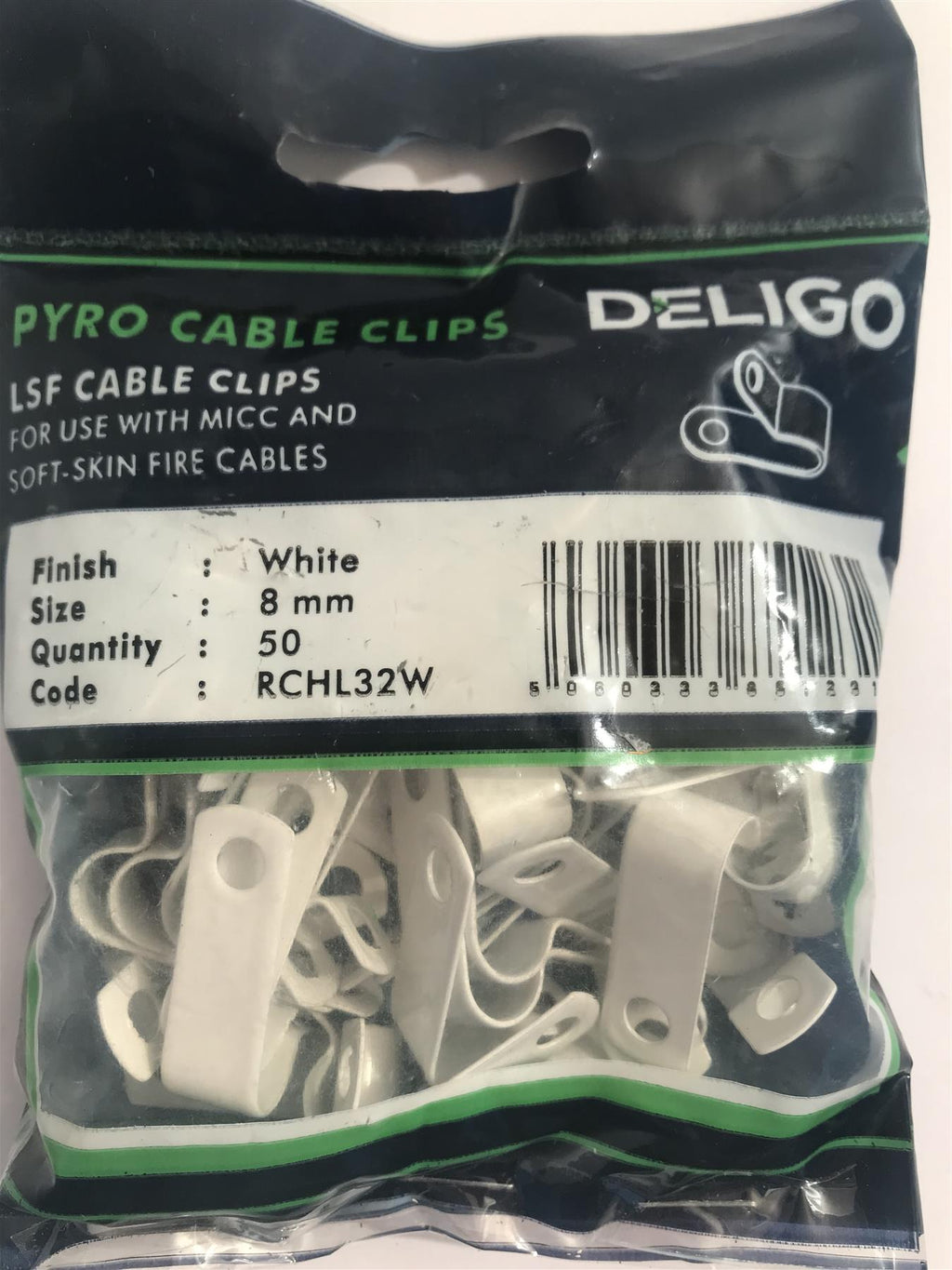 Deligo LSF Coated White Pyro Cable Clips 8mm RCHL32W (50 Pack)