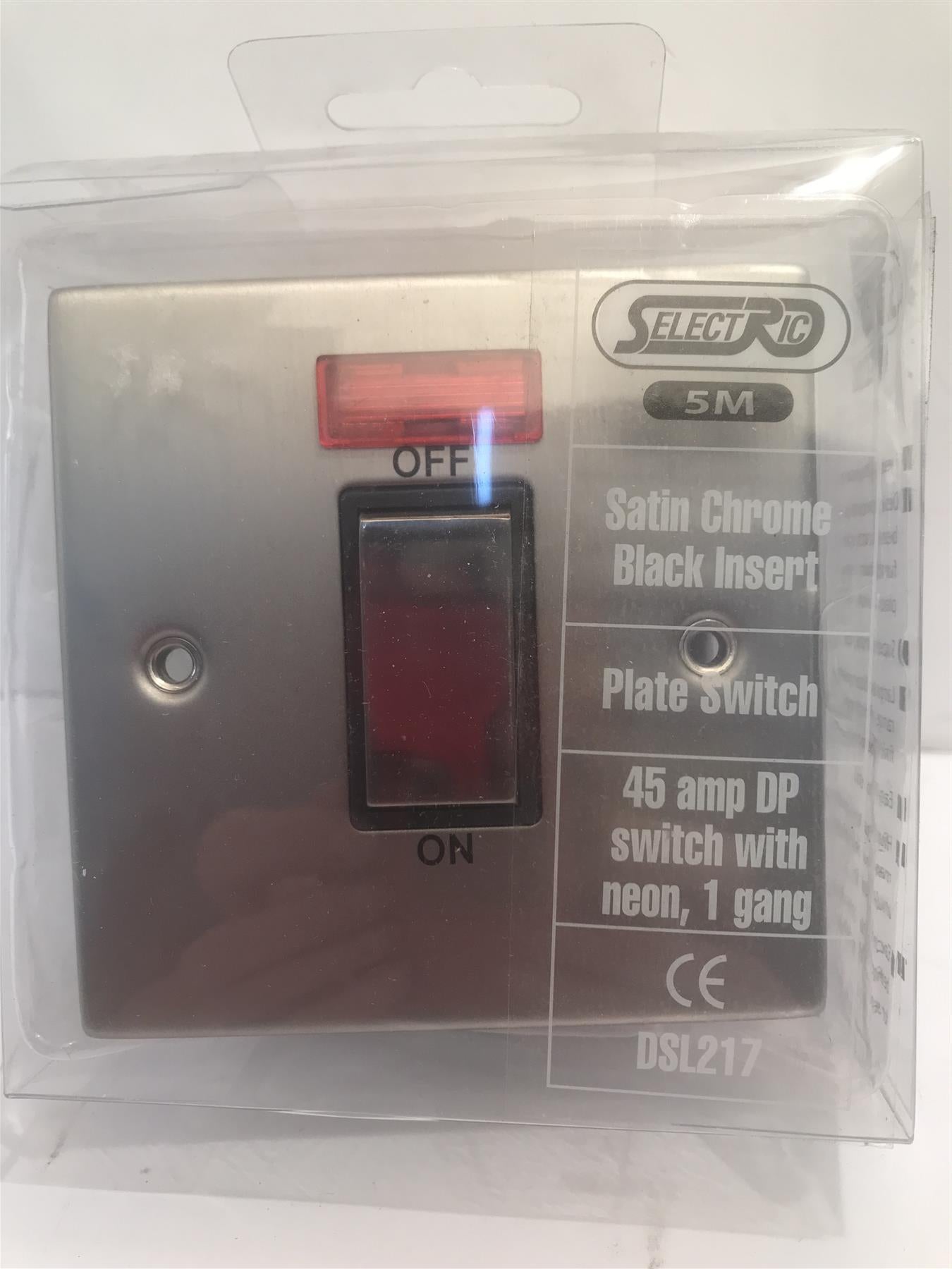 Selectric DSL217 - 1 Gang 45A DP Switch with Neon  - Satin Chrome Black Insert