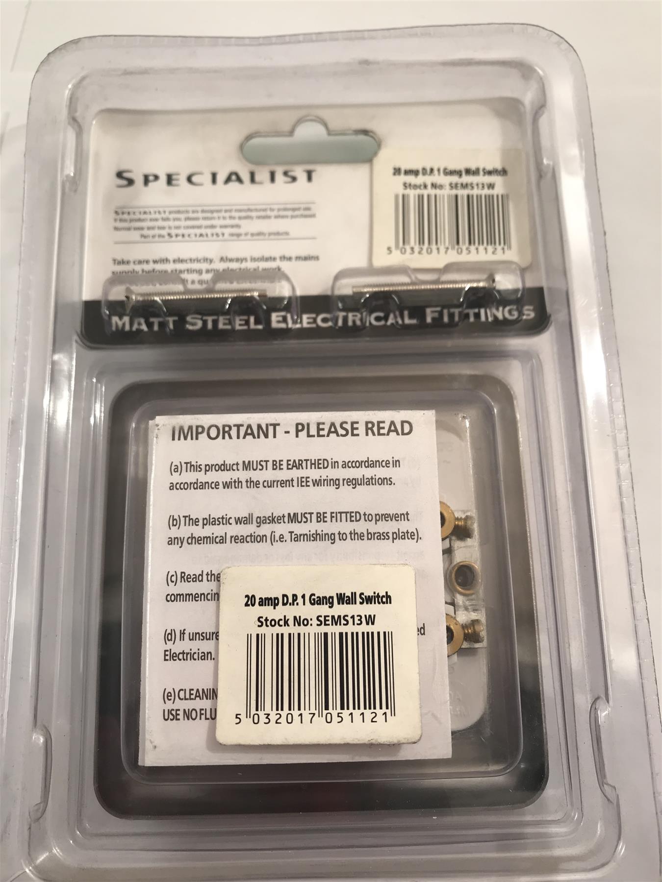 Specialist 20A DP 1 Gang Wall Switch Matt Steel White Insert SEMS13W