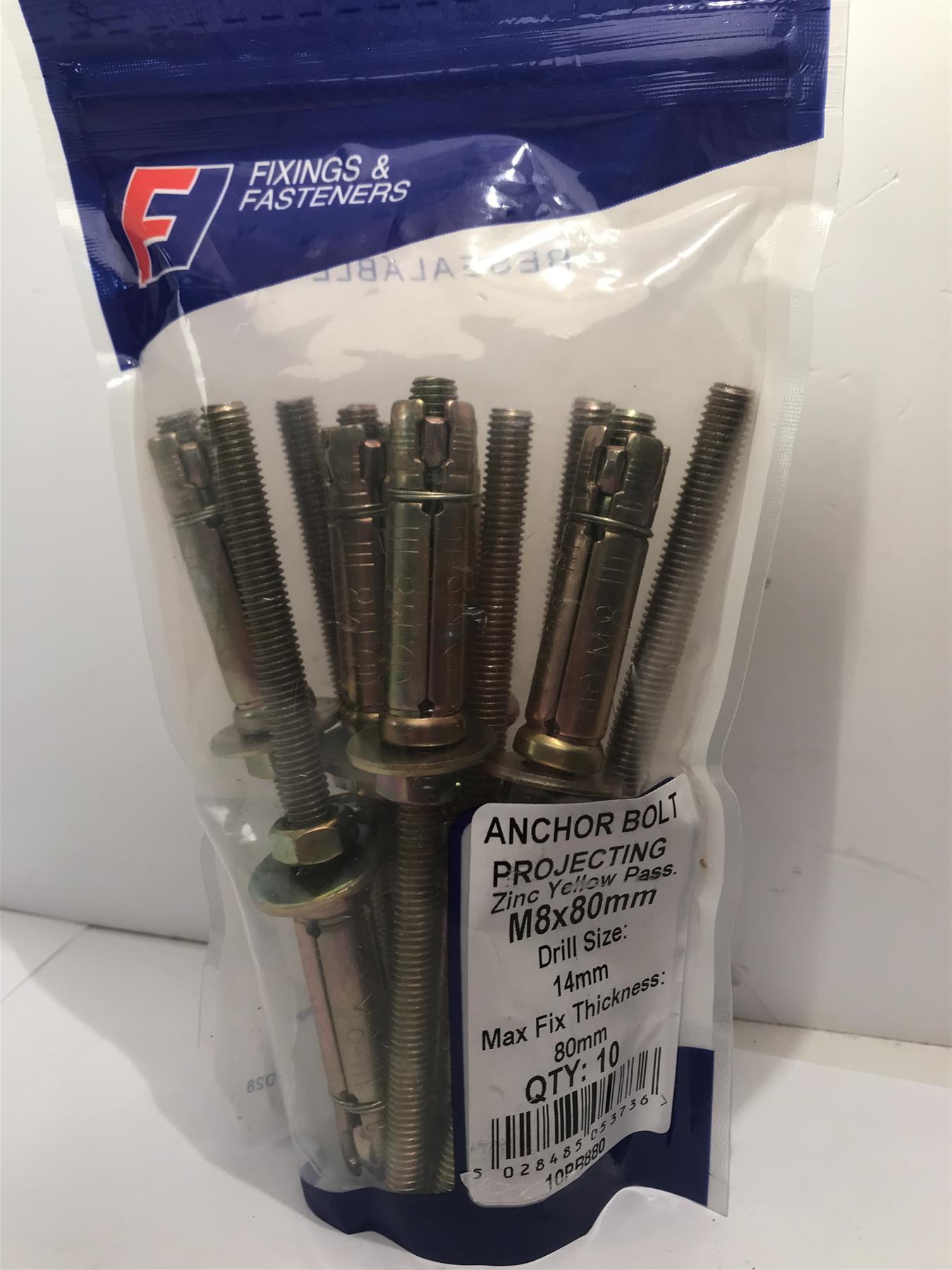 Masonry Anchor Bolt Projecting Zinc Yellow M8 x 80mm Bag 10   10PB880