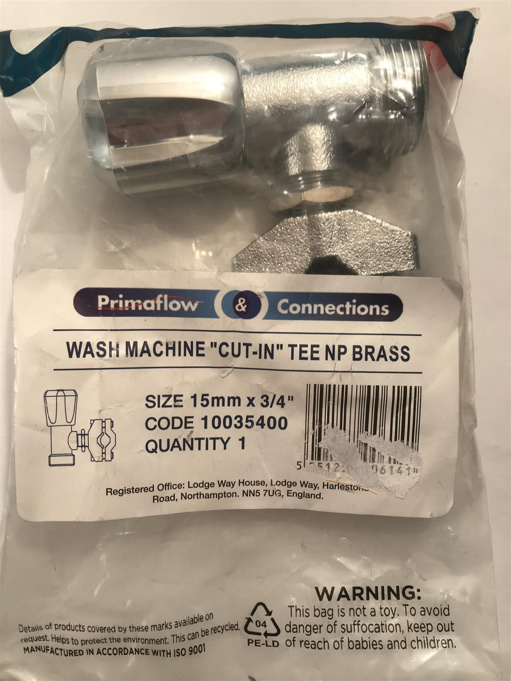 Primaflow Washing Machine Cut-In Tee NP Brass 15mm x 3/4"  10035400