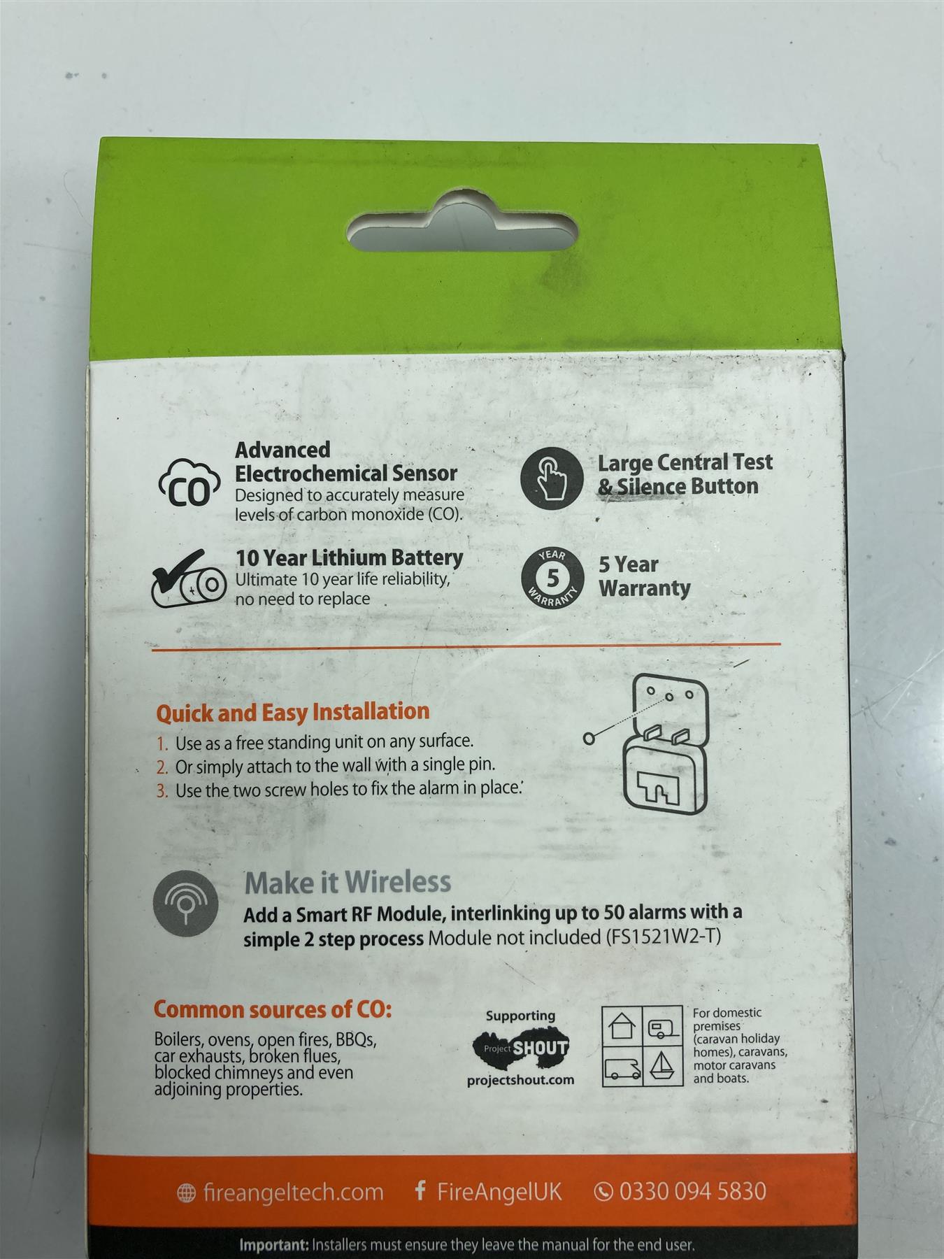 FireAngel FS1326-T Carbon Monoxide Detector Alarm | RF Compatible