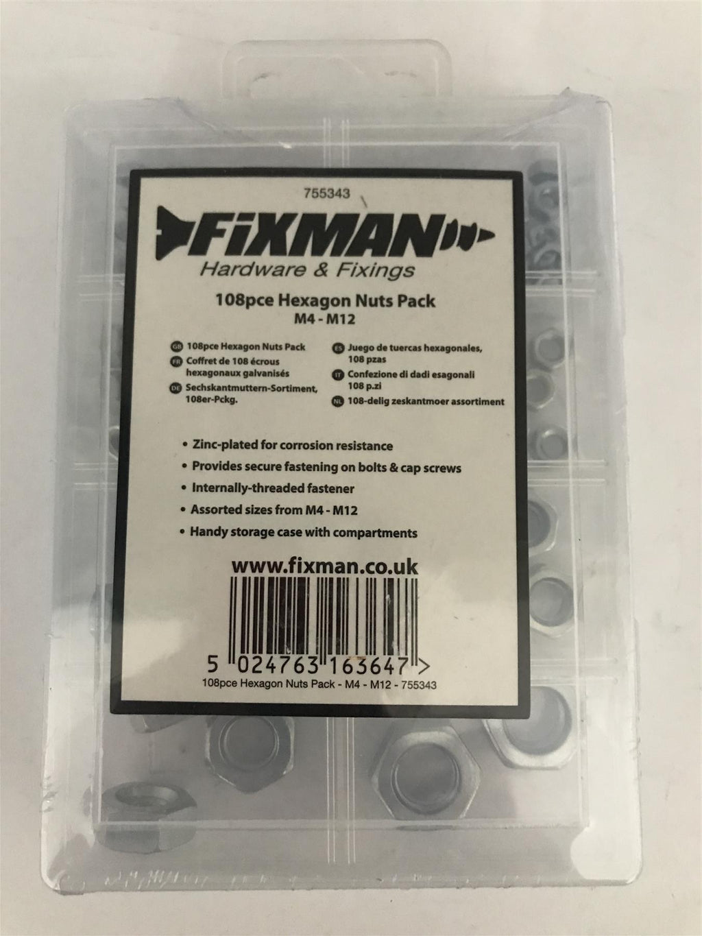 Fixman 108pc Hexagon Nuts Pack M4-M12  755343