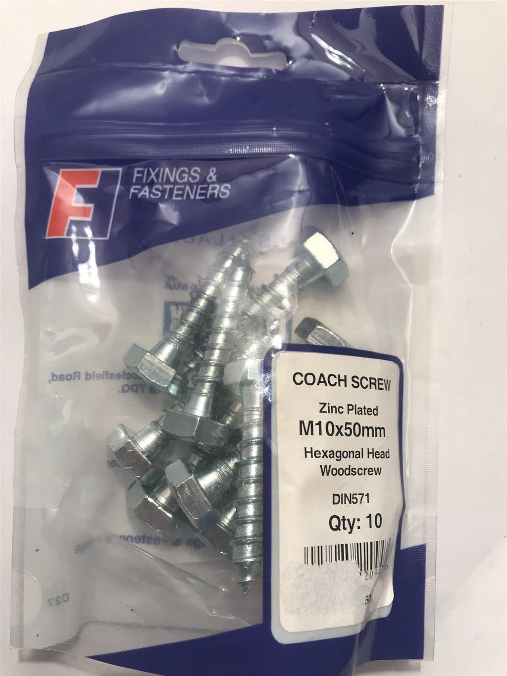 ForgeFix Coach Screw Zinc Plated M10x50mm Hexagon Head 10CS1050 (10 Pk)