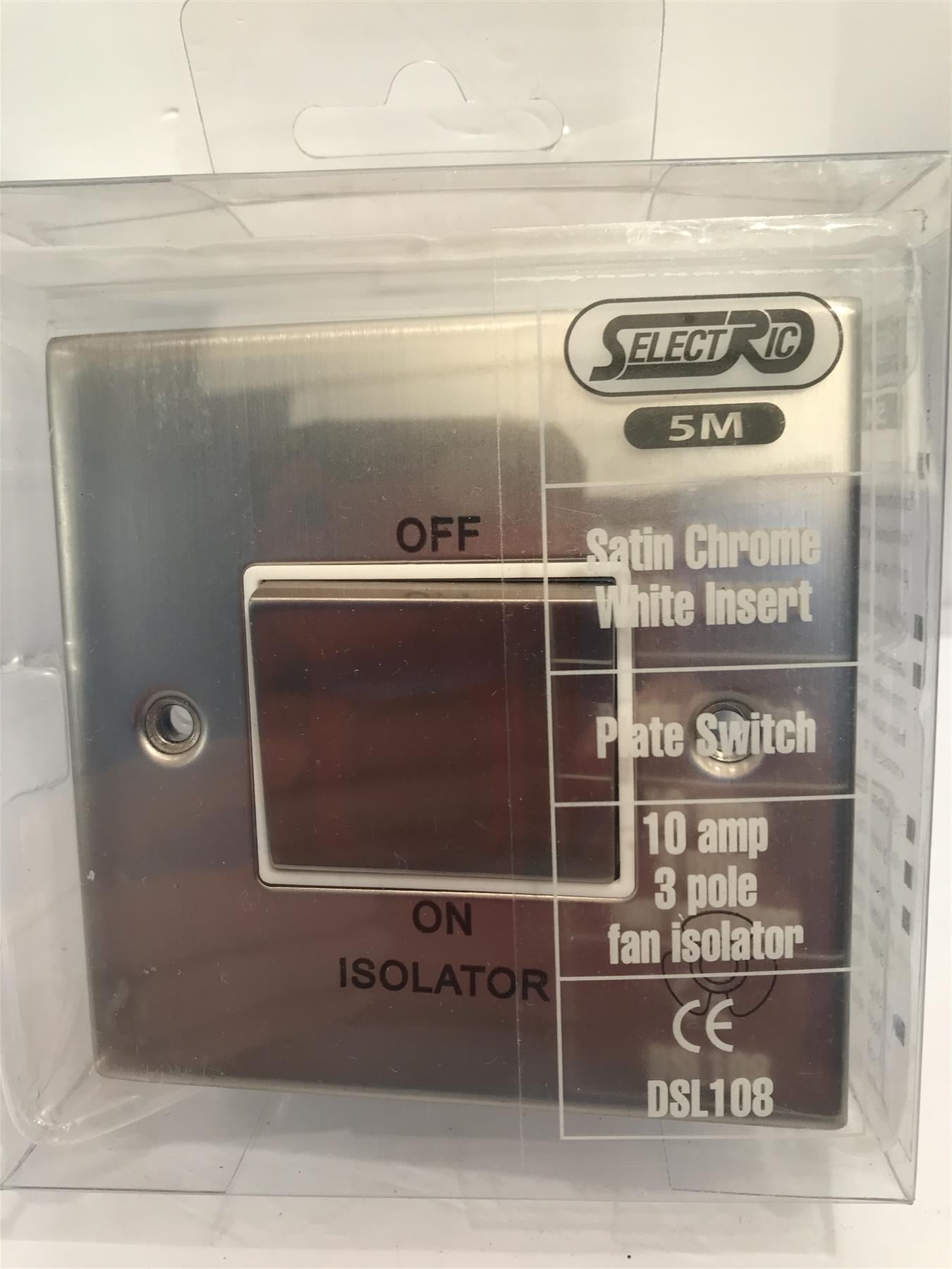 Satin Chrome White Insert plate Switch 10A 3 Pole Fan Isolator DSL108