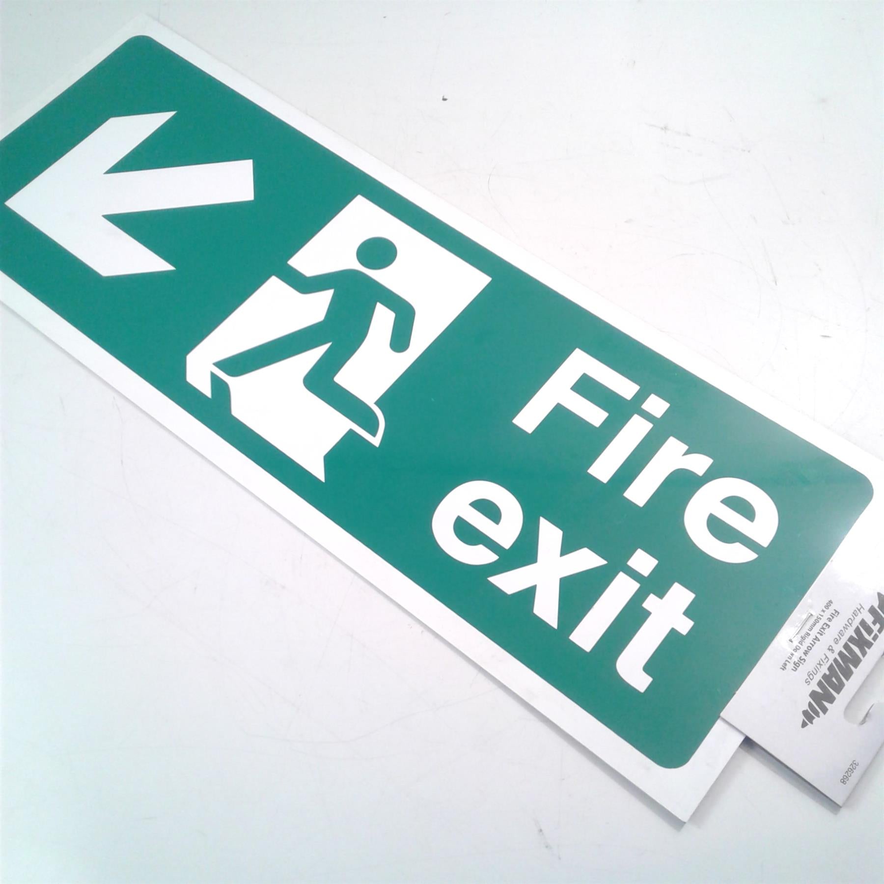 Fixman Fire Exit Arrow Sign 400 x 150mm Rigid Down Left 326268