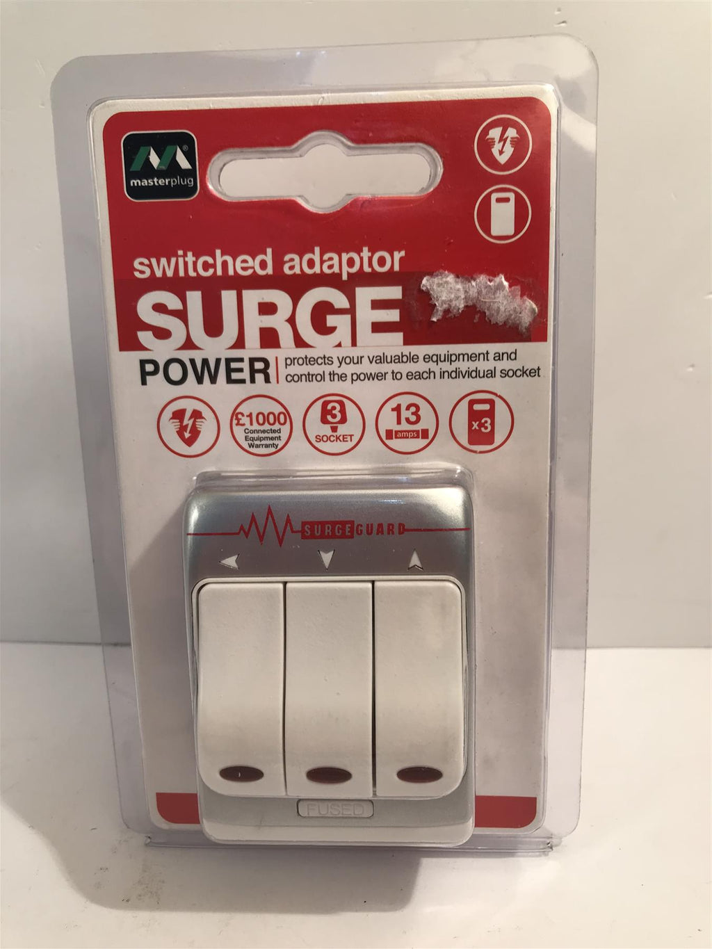 Masterplug Surge Protected 3 Socket Plug Adapter MSWRG3-MP
