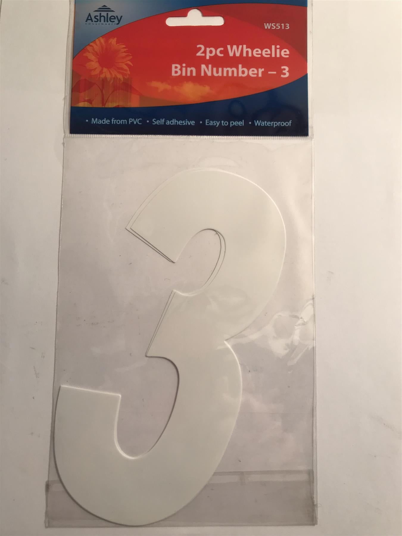 Ashley 2 Pack White Self Adhesive Wheelie Bin Sticker Number 3  WS513