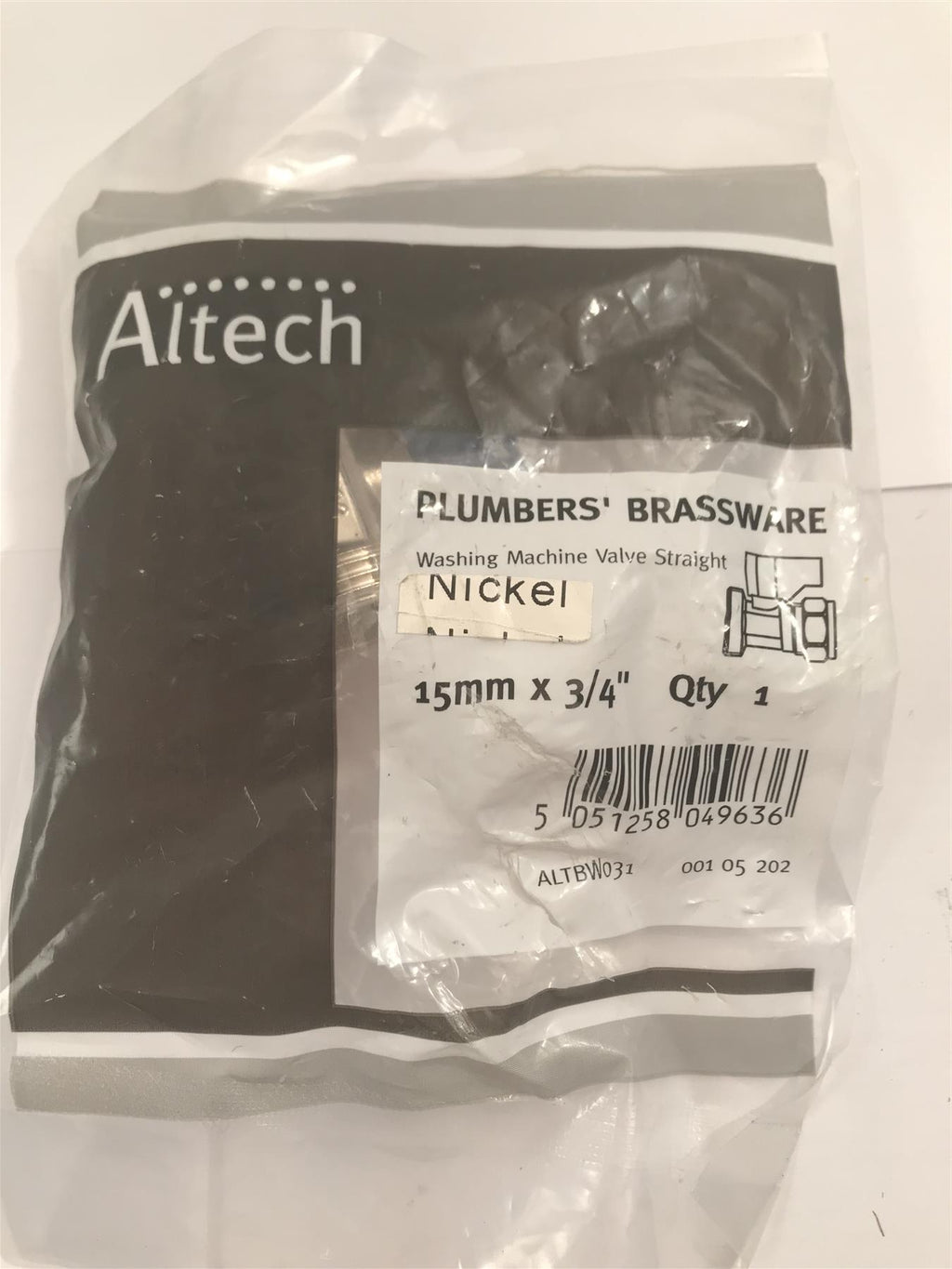 Altech 15mm x 3/4" Nickel Washing Machine Valve Straight ALTBW031